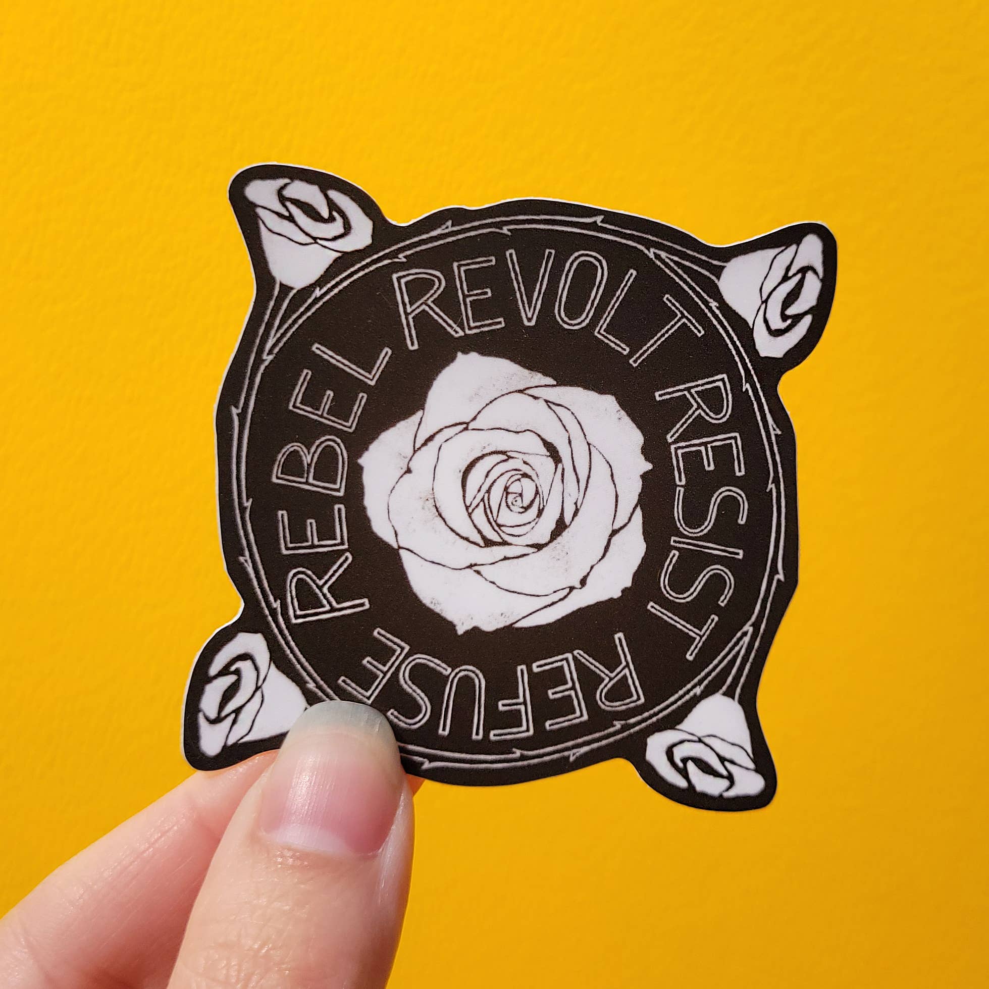 beve! - White Rose Resist Revolt Refuse Rebel Sticker, 2.5"