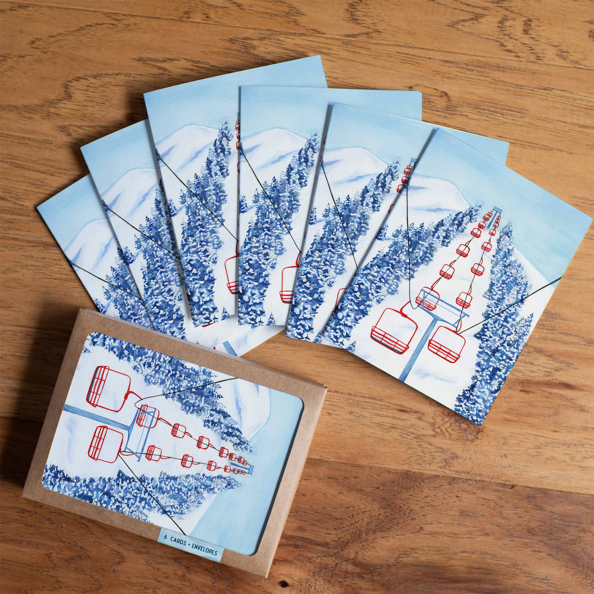 Watercolor Wednesday - Skiing Holiday Card | Red Chair Ski Lift Christmas Card