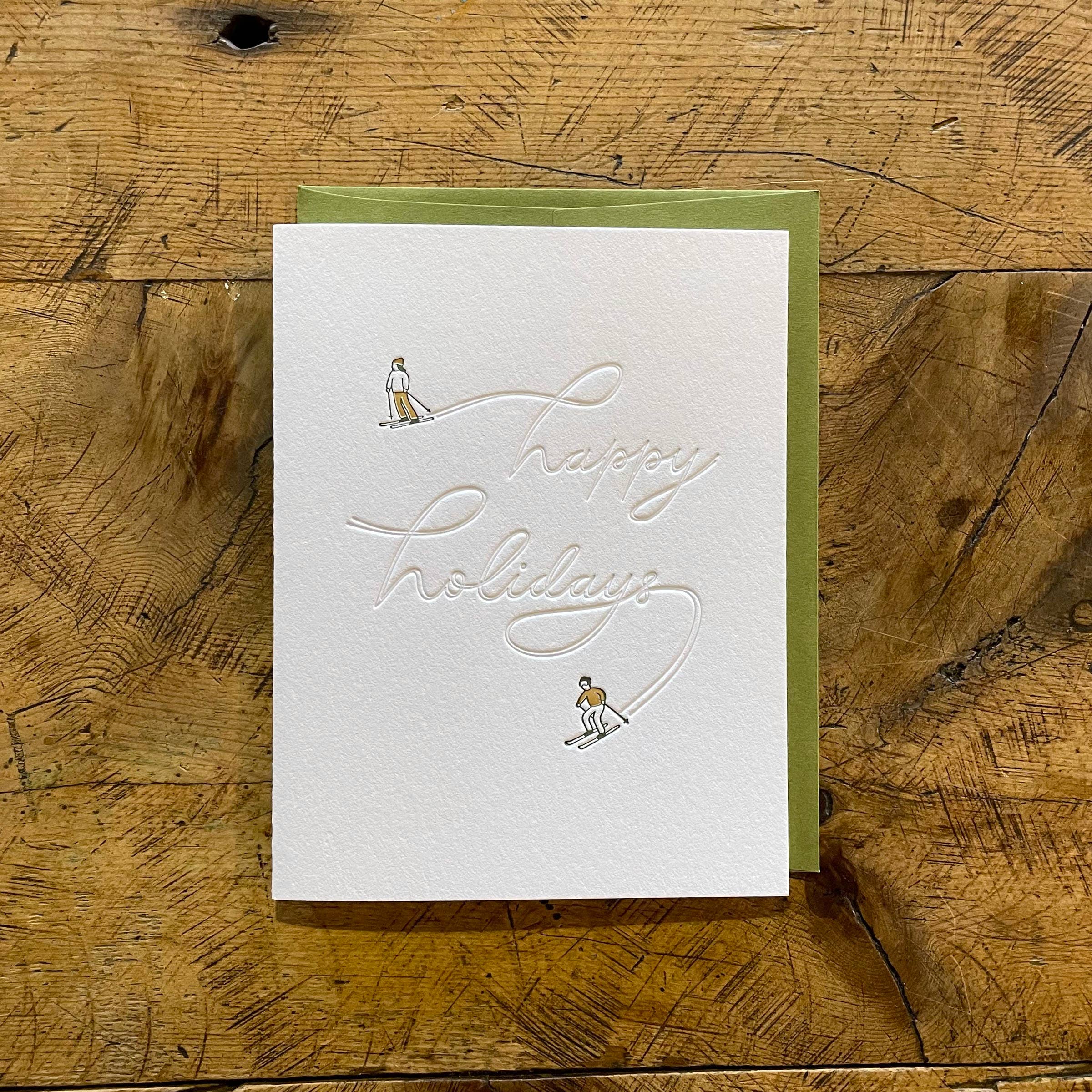 Green Bird Press - Happy Holidays Skiers Letterpress Card