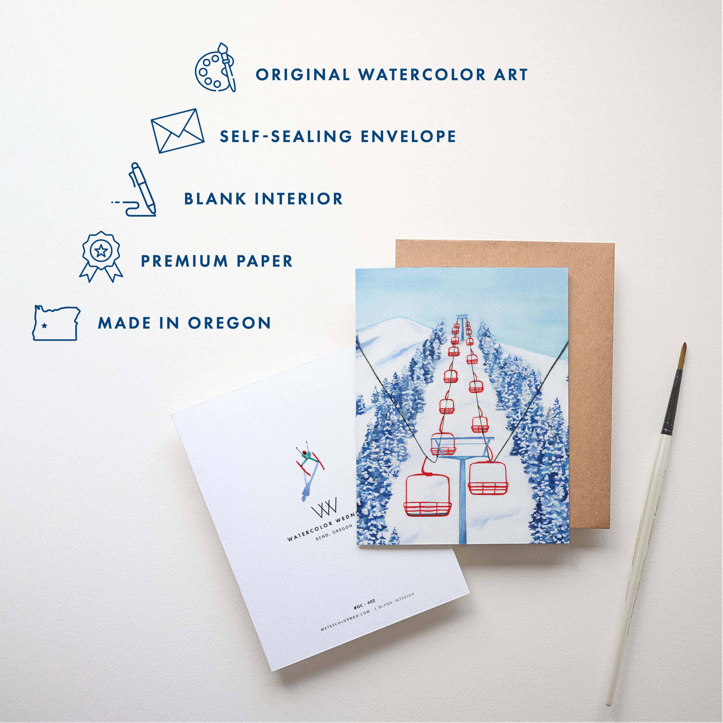 Watercolor Wednesday - Skiing Holiday Card | Red Chair Ski Lift Christmas Card