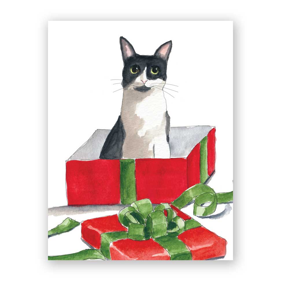 The Mincing Mockingbird - Cat in Christmas Box Greeting Card