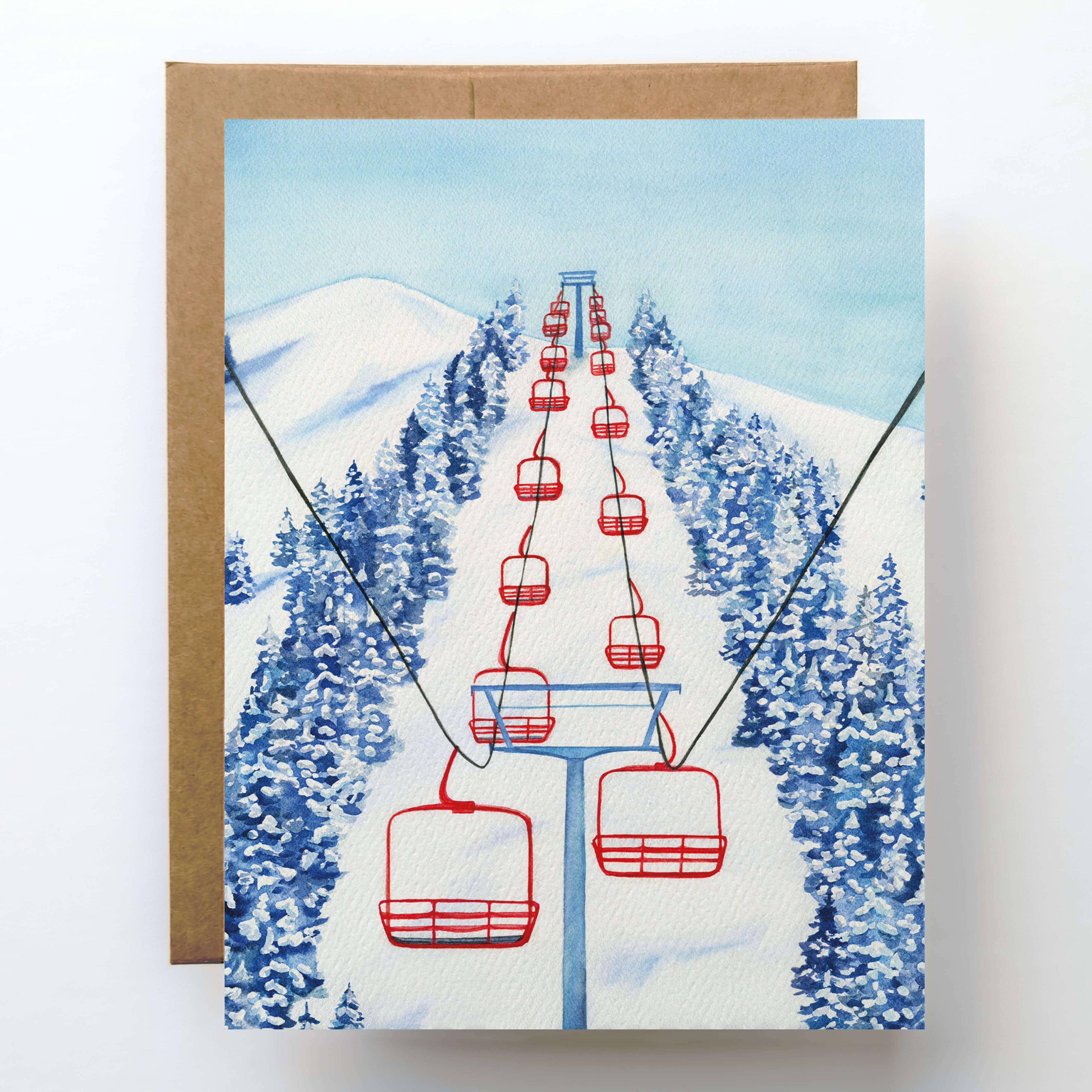 Watercolor Wednesday - Skiing Holiday Card | Red Chair Ski Lift Christmas Card