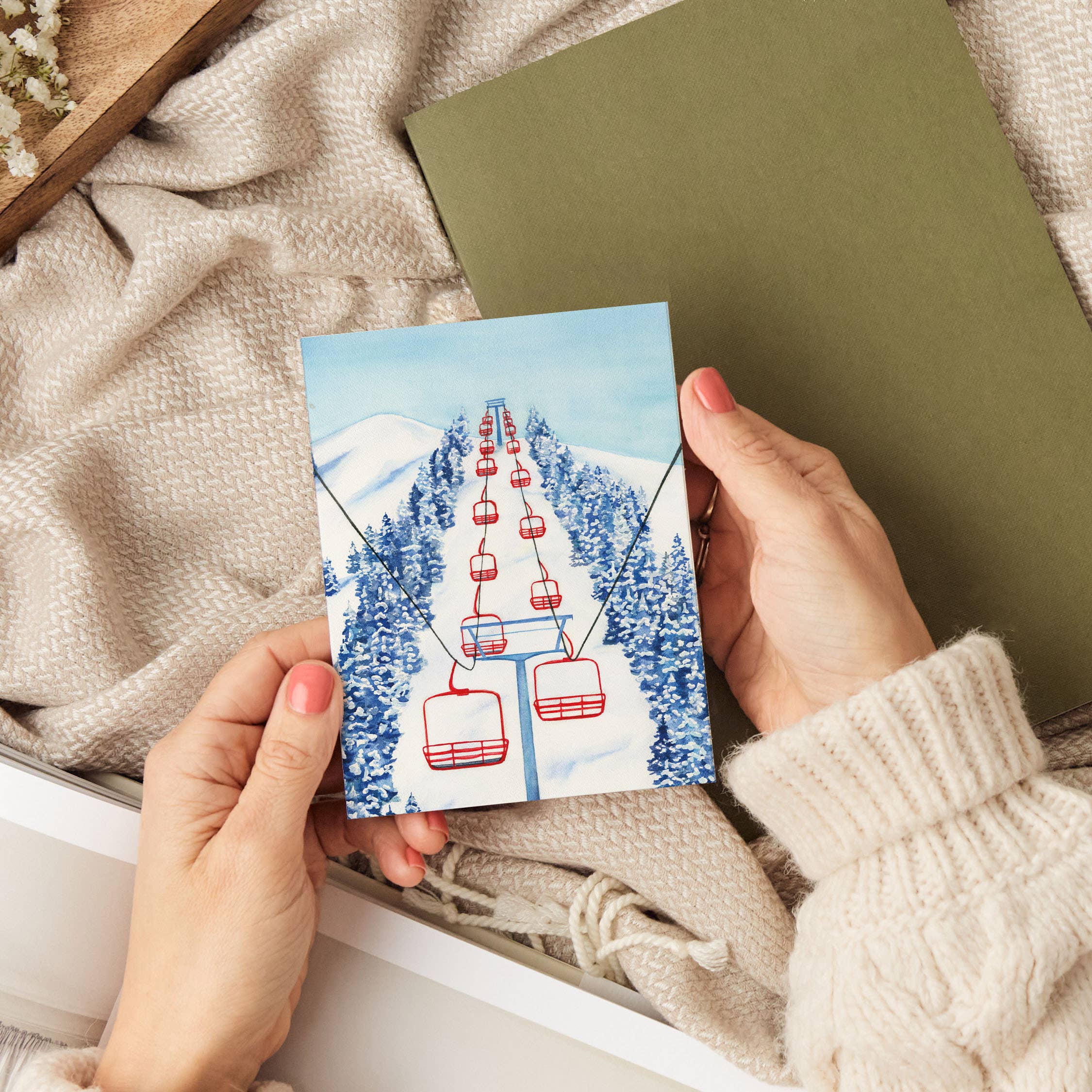 Watercolor Wednesday - Skiing Holiday Card | Red Chair Ski Lift Christmas Card