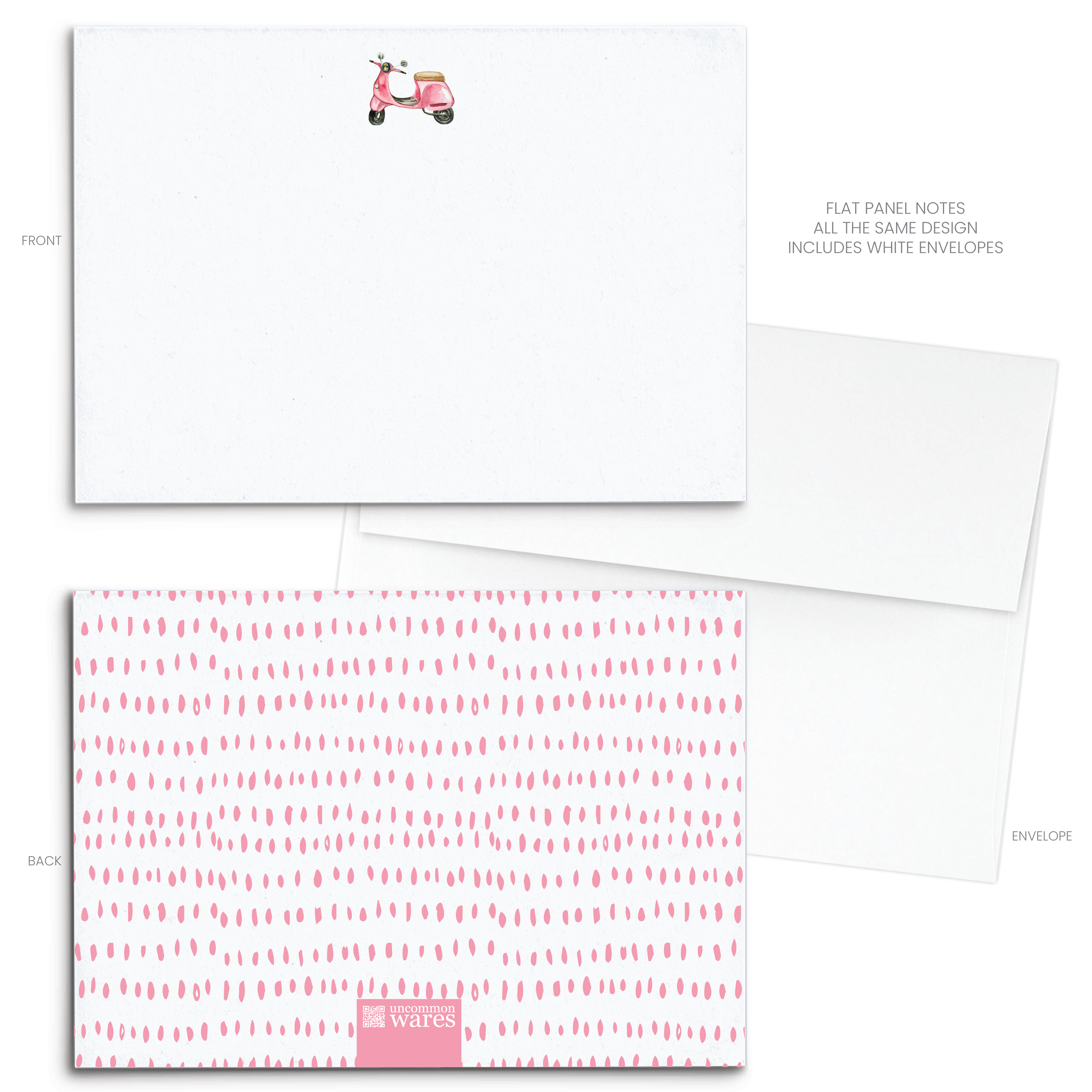 UncommonWares - 5 Pink Scooter Watercolor Panel Note Cards A2