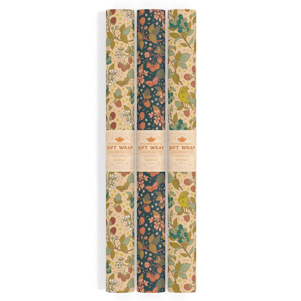 Mustard Beetle - Recyclable Gift Wrap / Wrapping Paper: Berries: Flat/Not Rolled