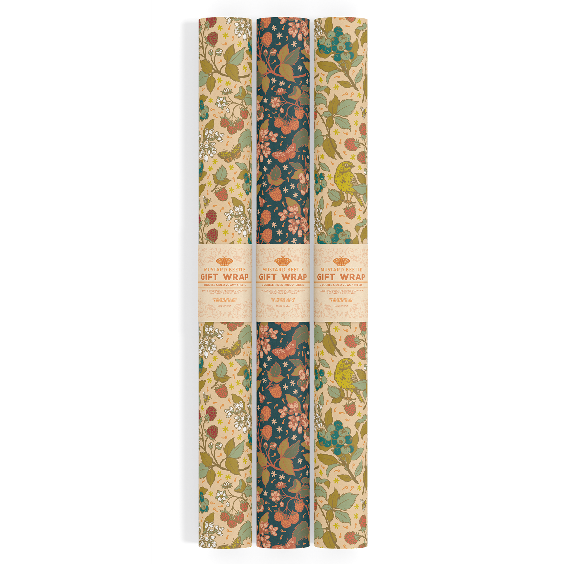 Mustard Beetle - Recyclable Gift Wrap / Wrapping Paper: Berries: Flat/Not Rolled