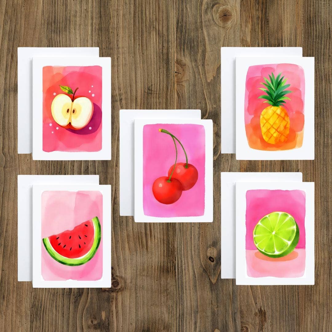 Cryptic Paper Co. - Set Of 5 Neon Fruit Note Cards For Any Occasion
