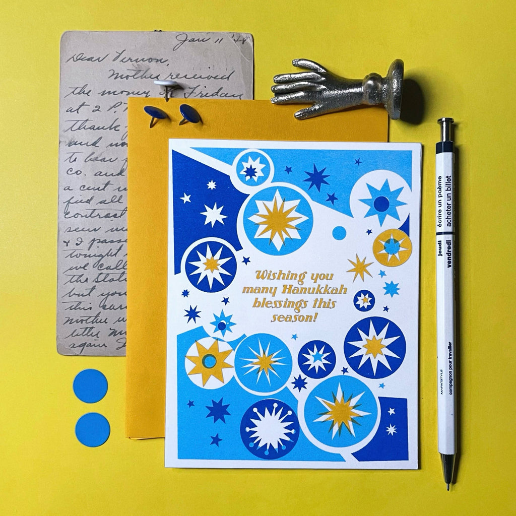 Pier Six Press - Hanukkah Blessings - Jewish  Risograph Holiday Card 