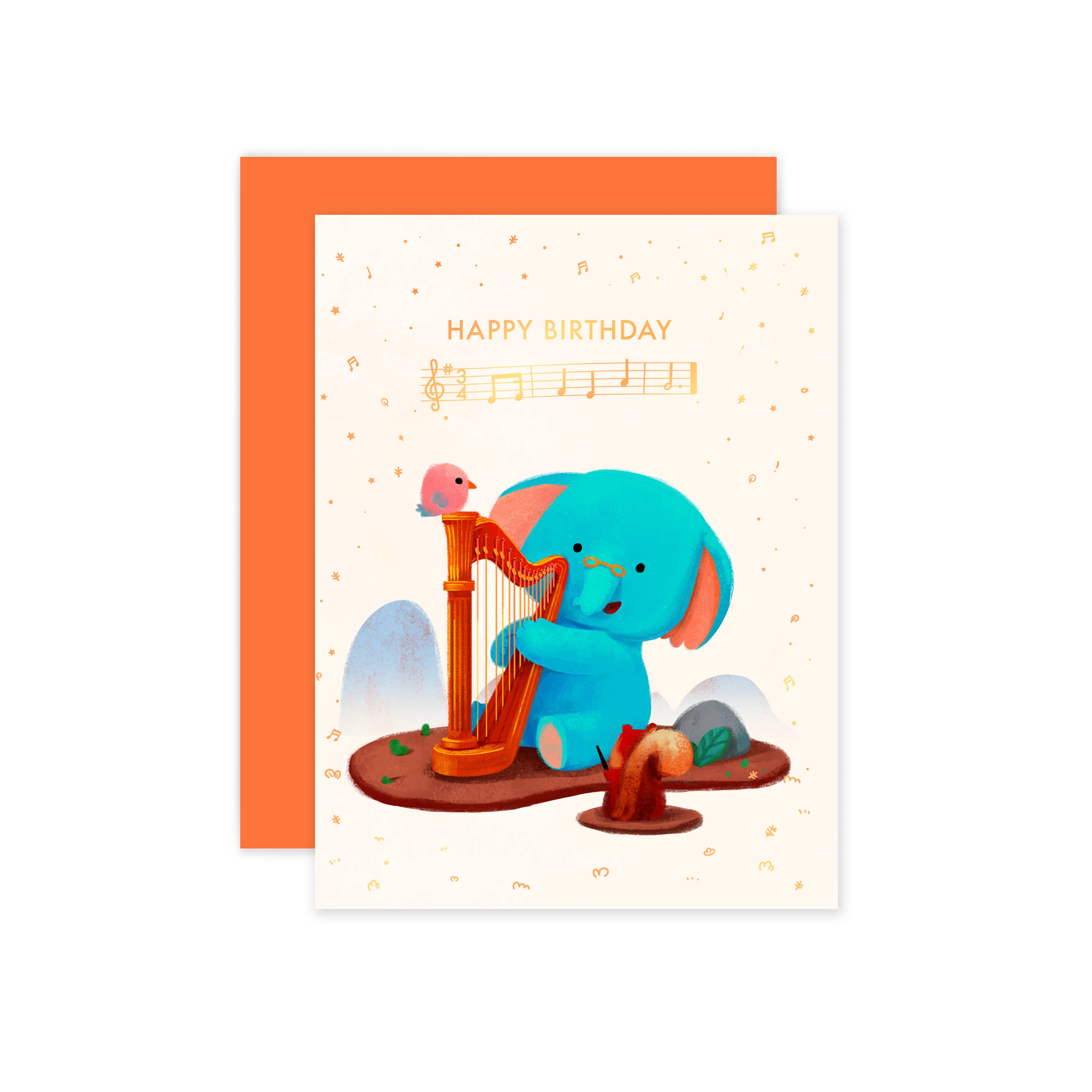 The Little Red House - Birthday Elephant Rose Gold Foil Card, Blank with Envelope