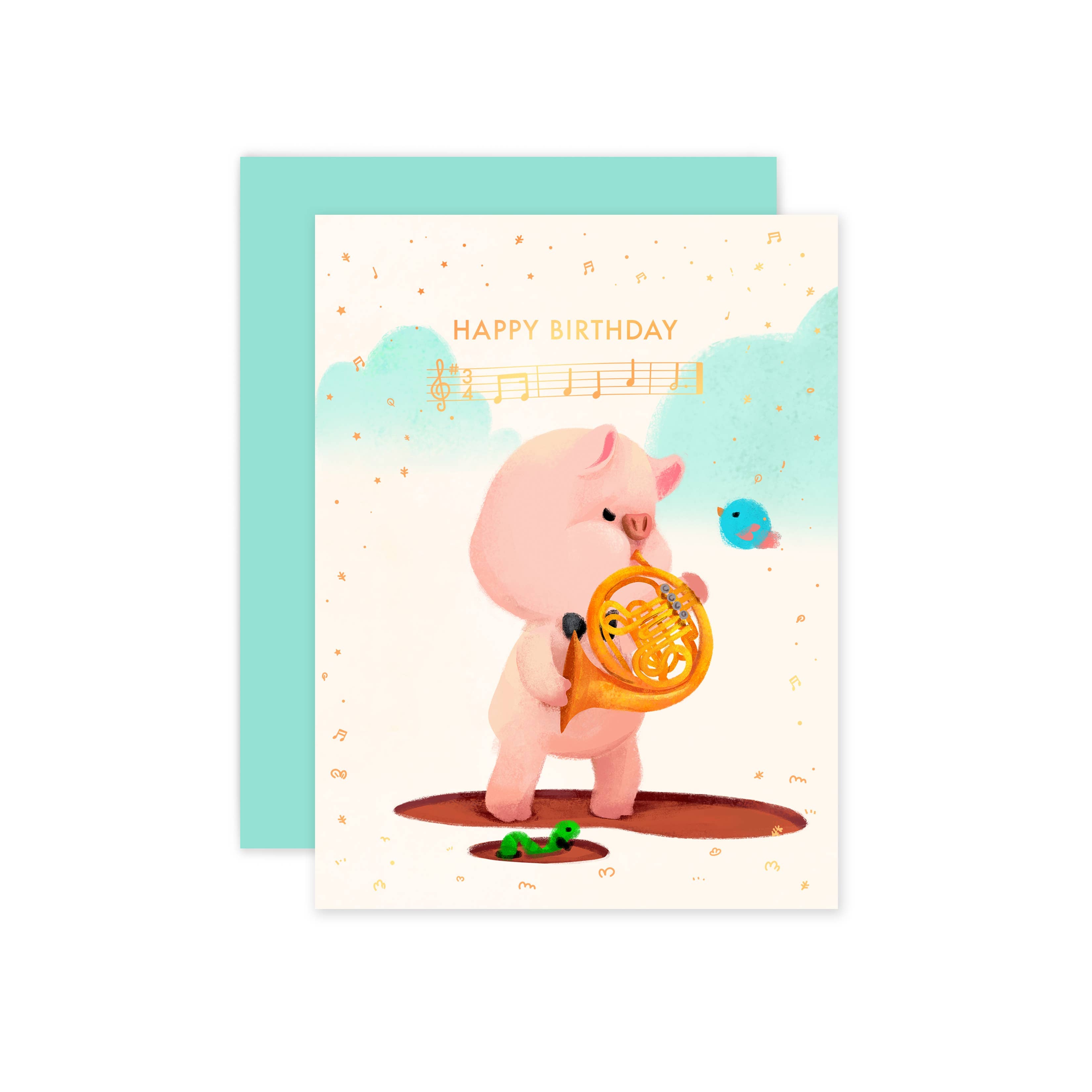 The Little Red House - Birthday Pig Rose Gold Foil Card, Blank with Envelope