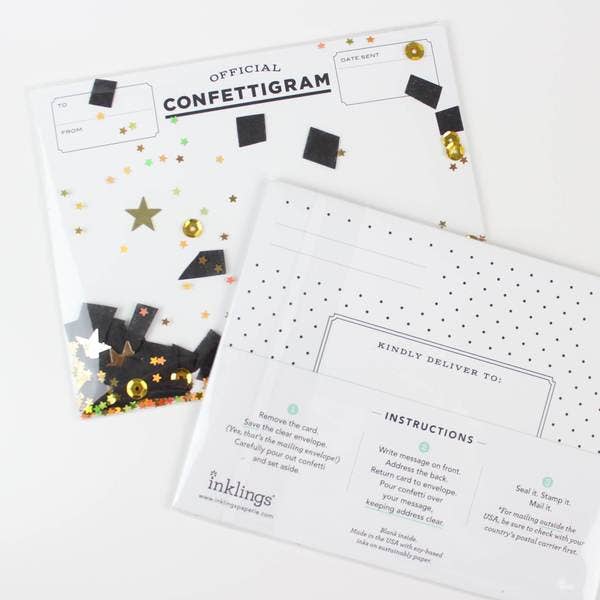 Inklings Paperie - Confettigram Card - Gold Stars + Black Confetti - Grad