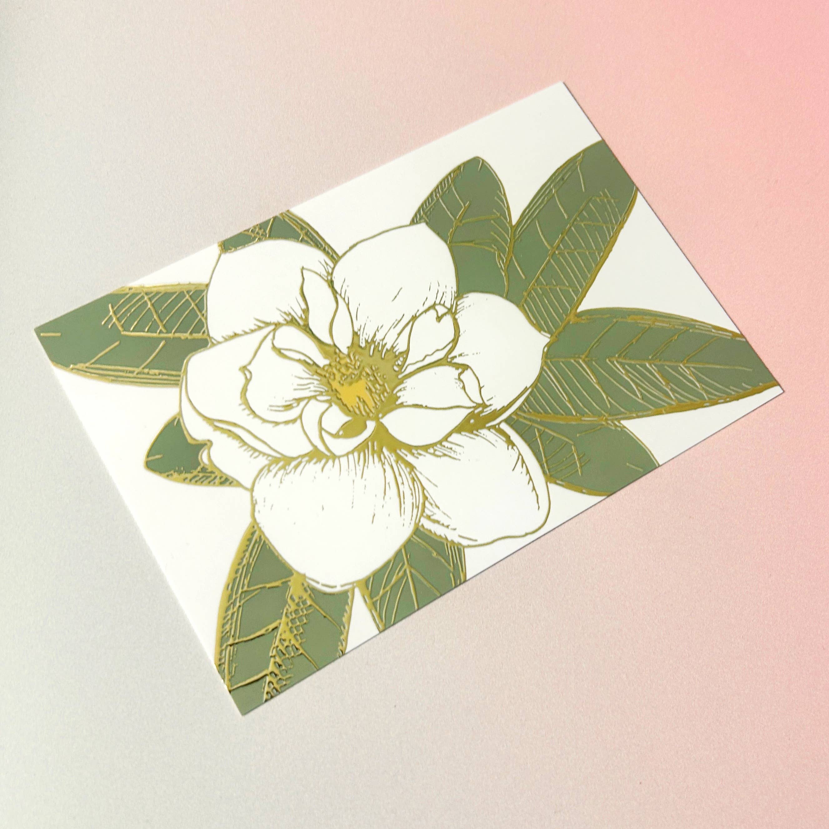 Statement Goods - Magnolia Gold Foil Postcard, White Background