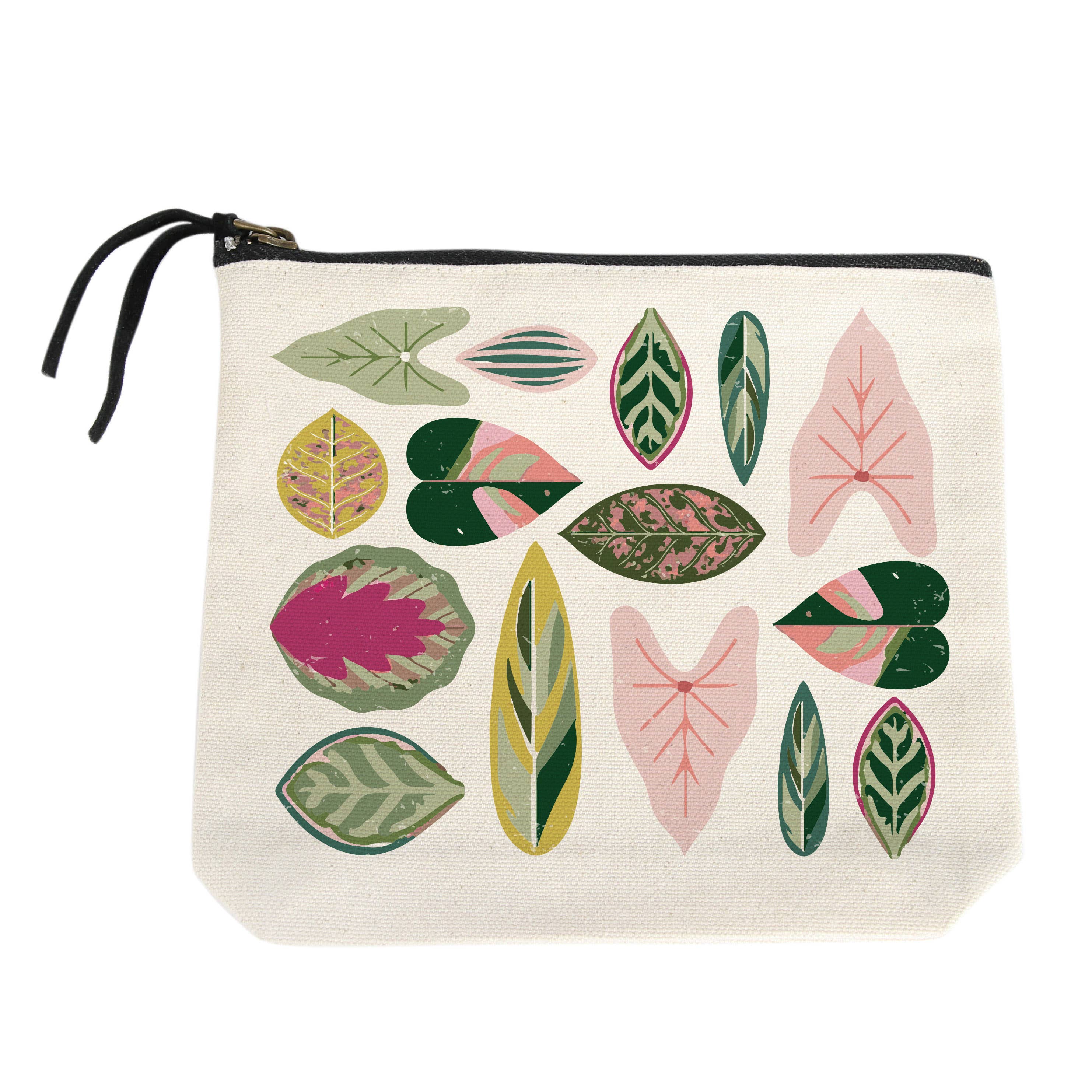 Potluck Press - Pink & Green Leaves Small Canvas Pouch