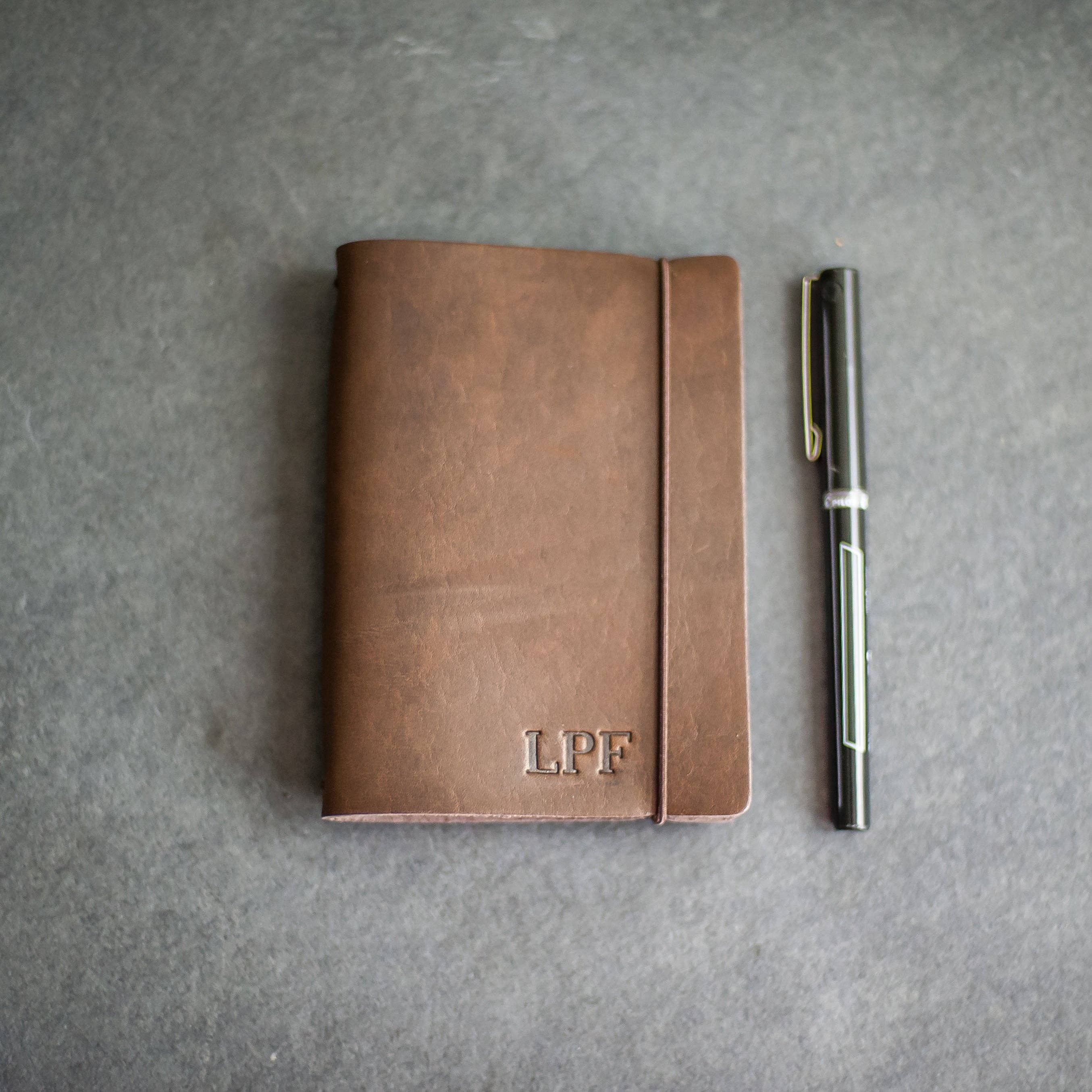 Ox & Pine - Refillable Leather Pocket Journal with Elastic Closure: Black / Lined Paper