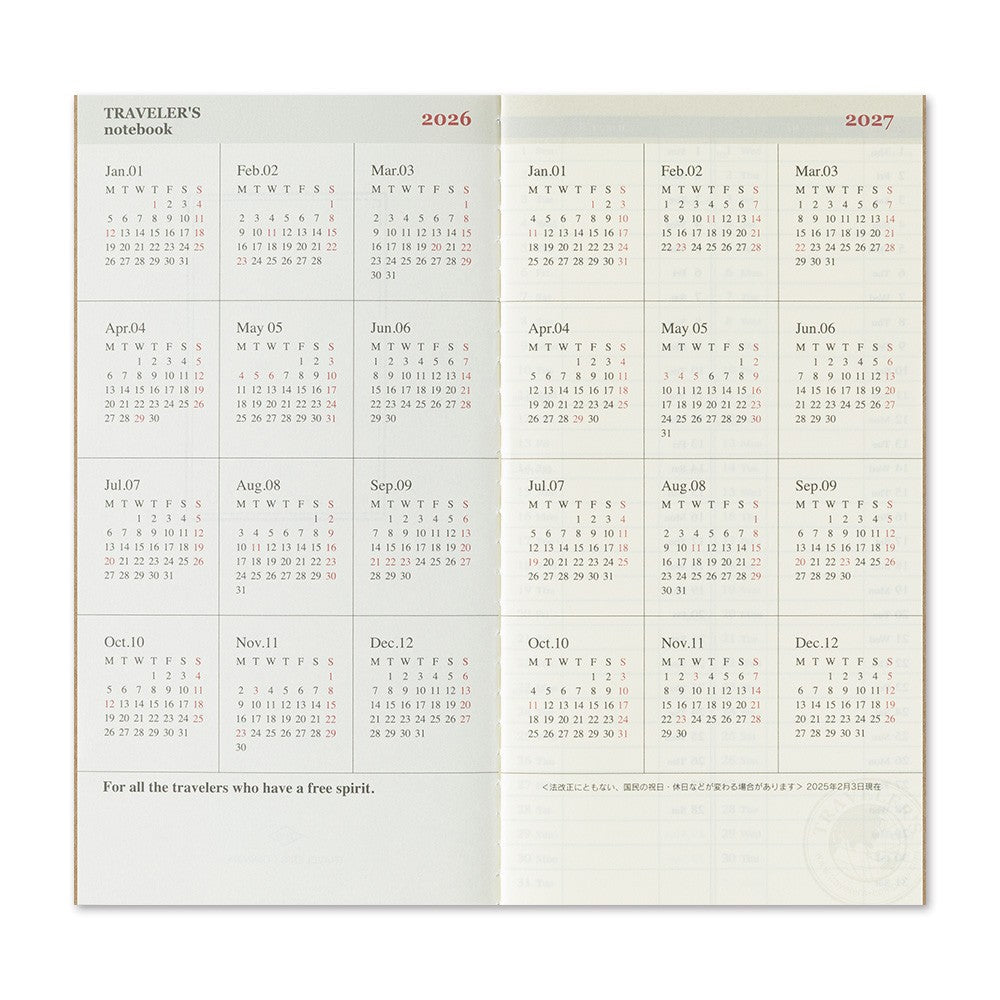 Traveler's Company Notebook Regular Size 2026 Weekly + Memo