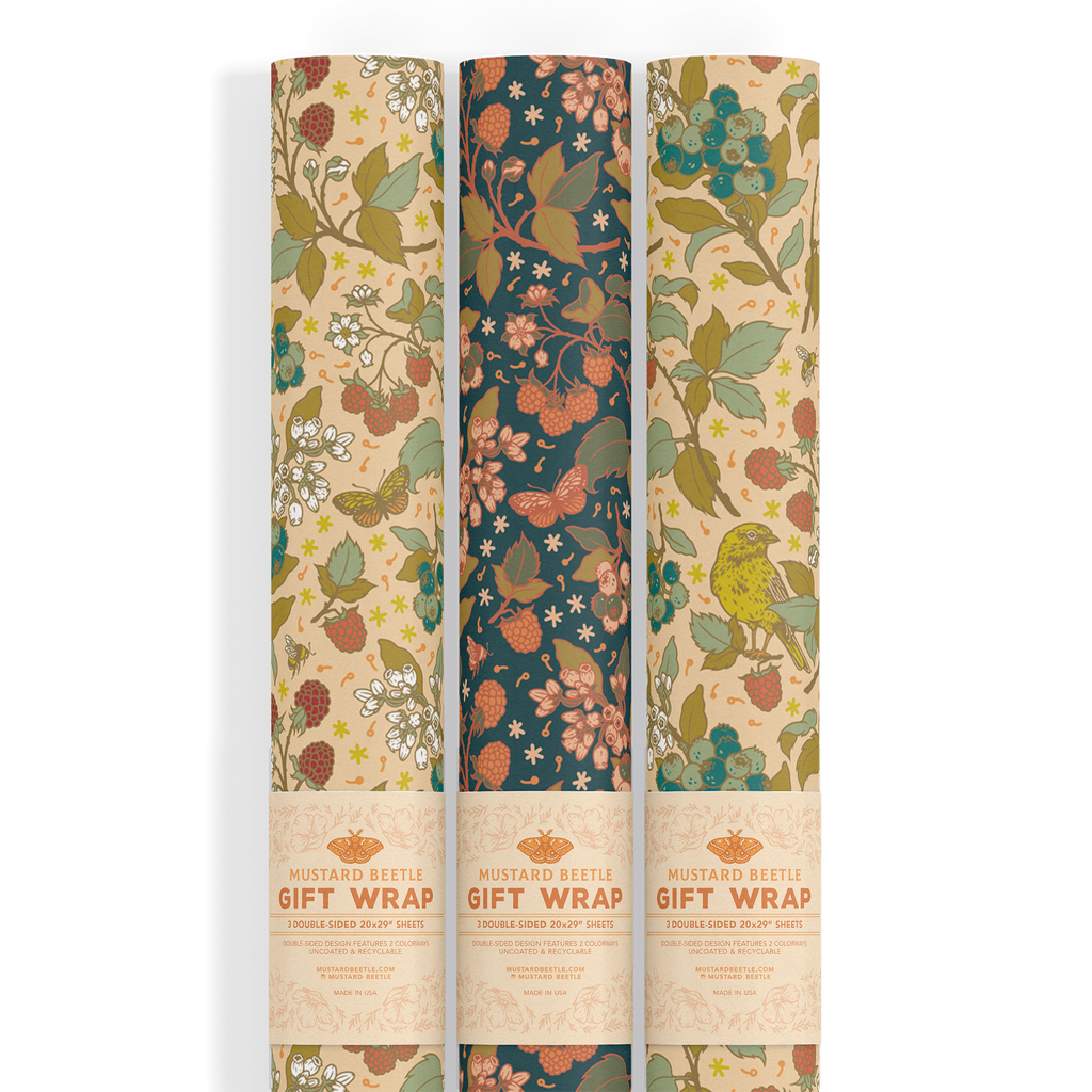 Mustard Beetle - Recyclable Gift Wrap / Wrapping Paper: Berries: Flat/Not Rolled