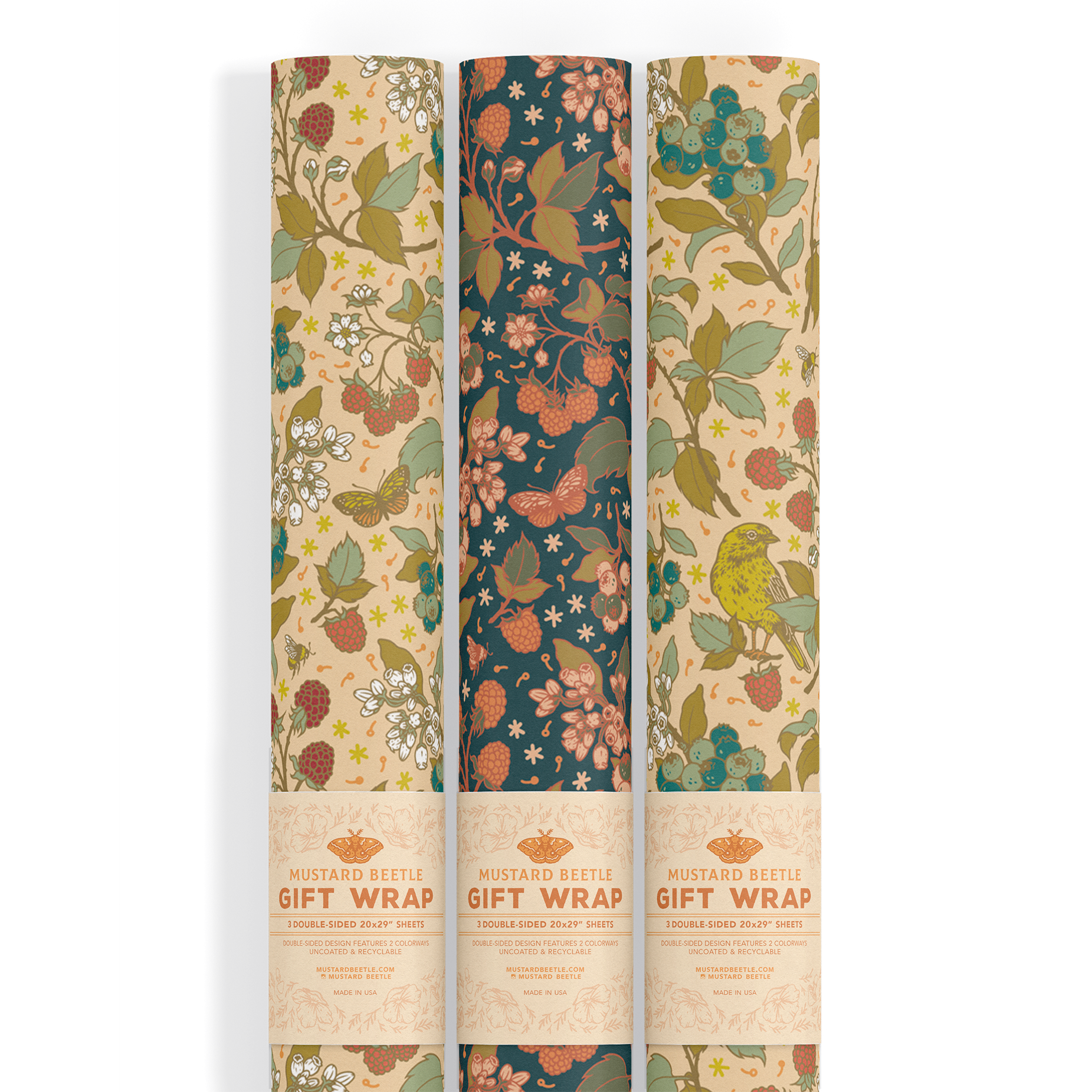 Mustard Beetle - Recyclable Gift Wrap / Wrapping Paper: Berries: Flat/Not Rolled