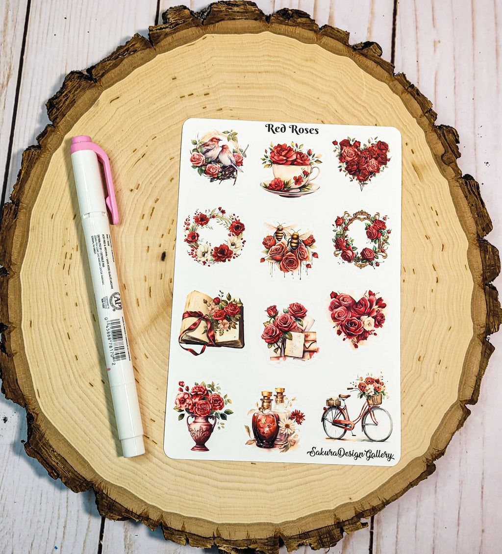 Sakura Design Gallery - Red Roses Sticker Sheet – Floral Planner Stickers