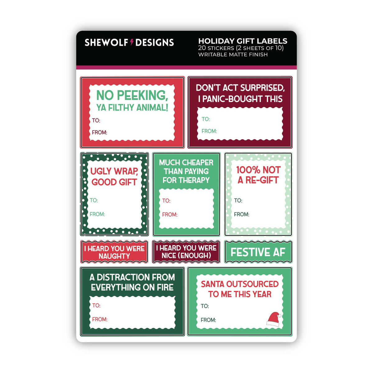 SHEWOLF Designs - Holiday Gift Tag Sticker Sheet Labels (Set of 2)