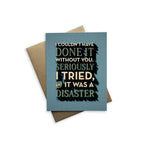 Greeting card with humorous text on a teal background with a brown envelope.