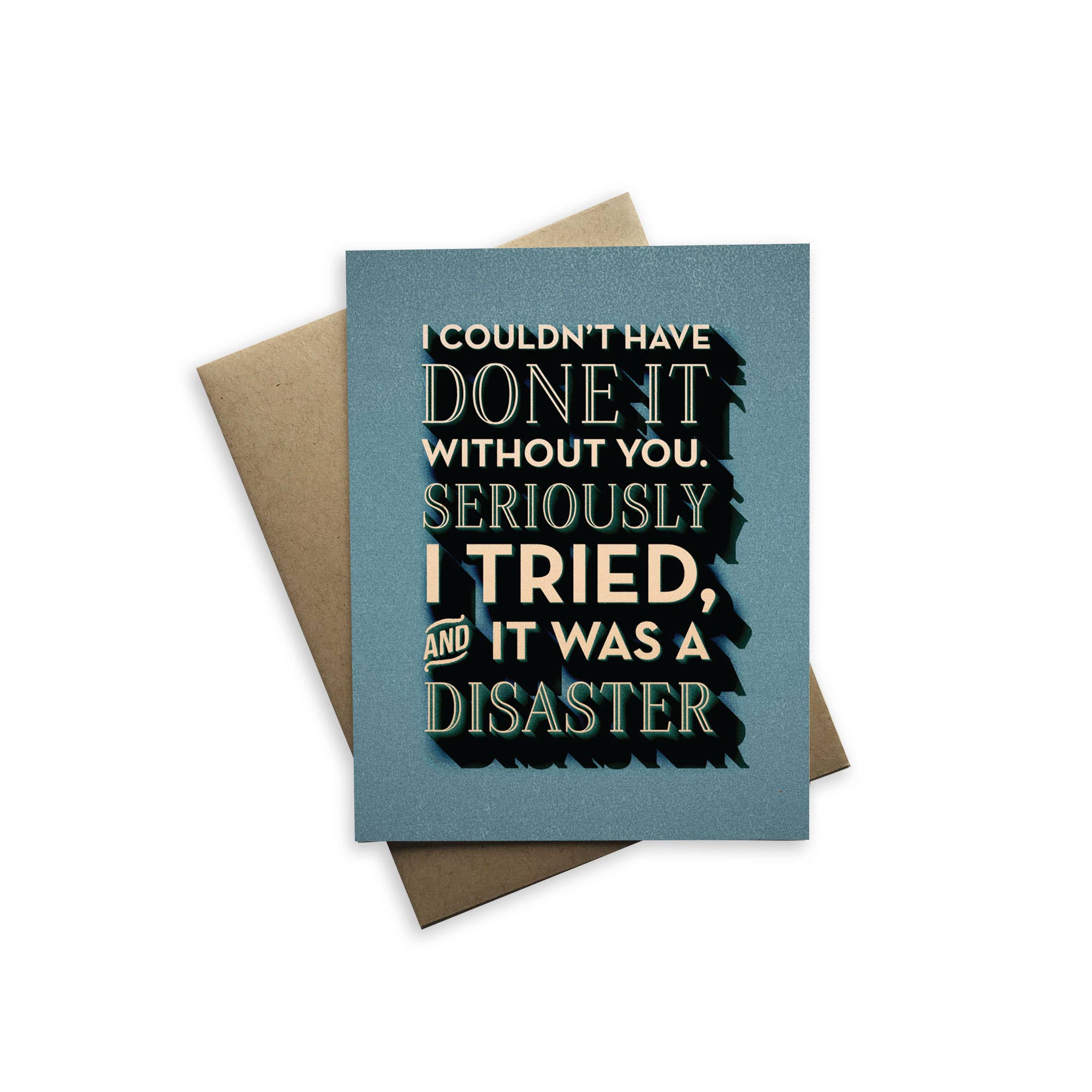 Greeting card with humorous text on a teal background with a brown envelope.