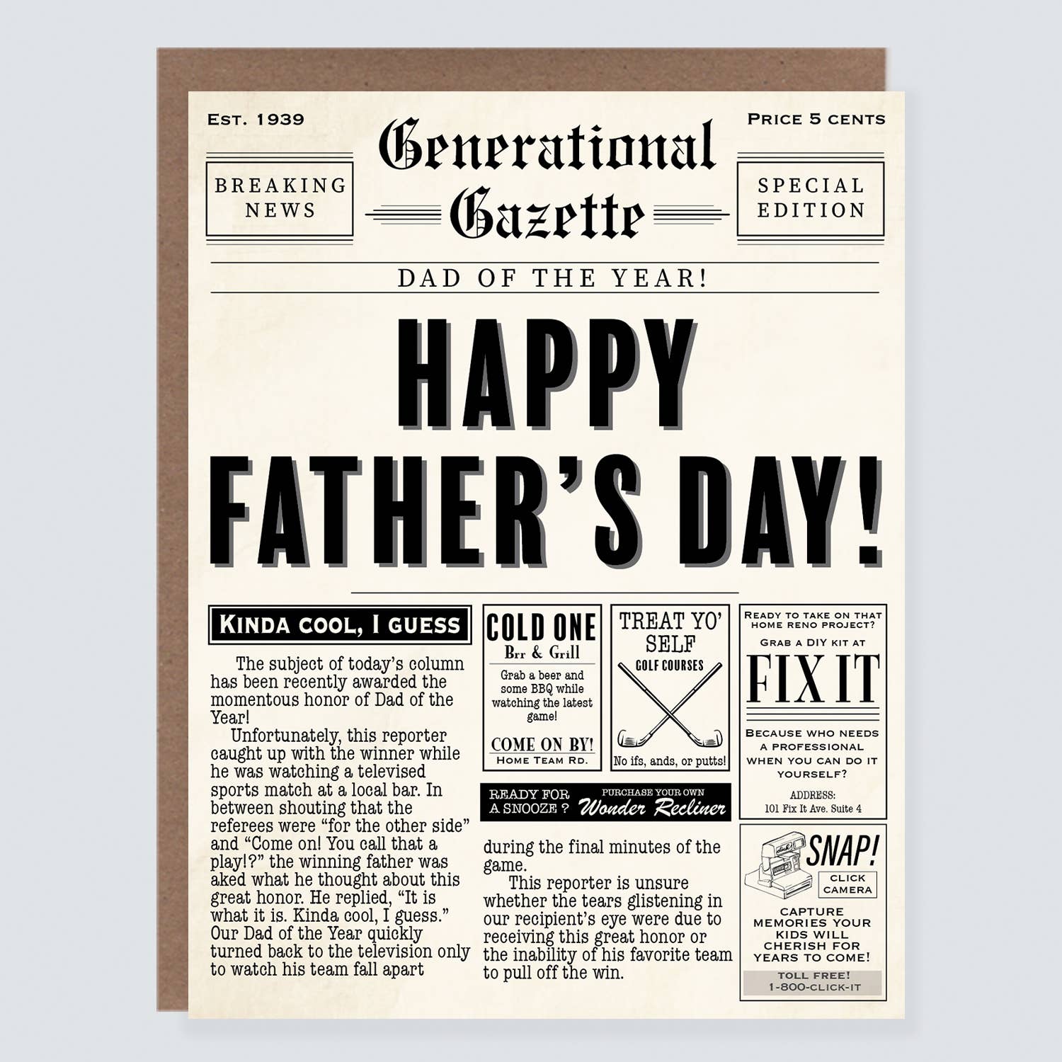 Morgan Swank Studio - Vintage Newspaper Punny Father's Day Card