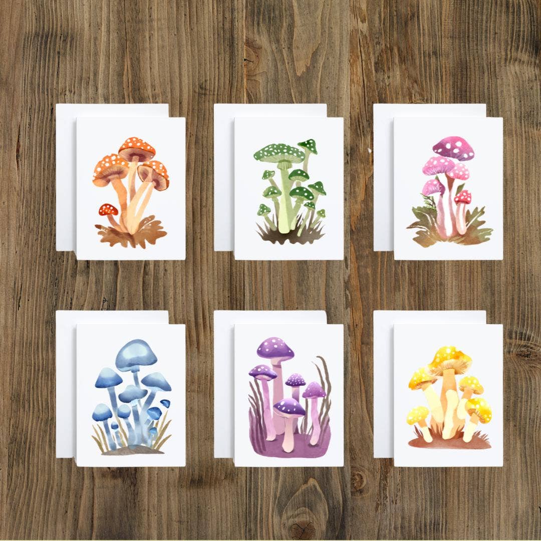 Cryptic Paper Co. - Set Of 6 Fantasy Forest Mushroom Watercolor Note Cards
