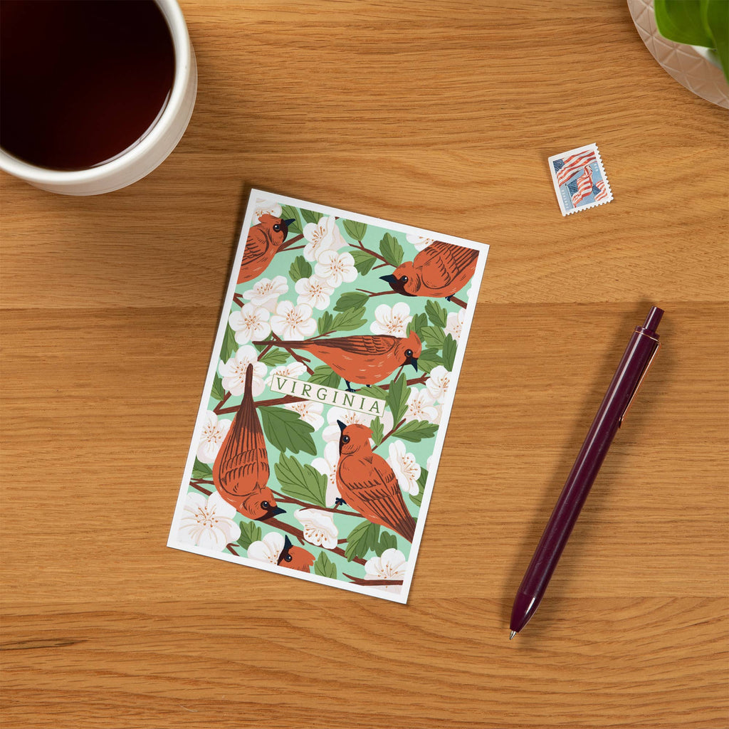 Lantern Press - PREMIUM POSTCARDS Virginia, Cardinal & Hawthorn Pattern