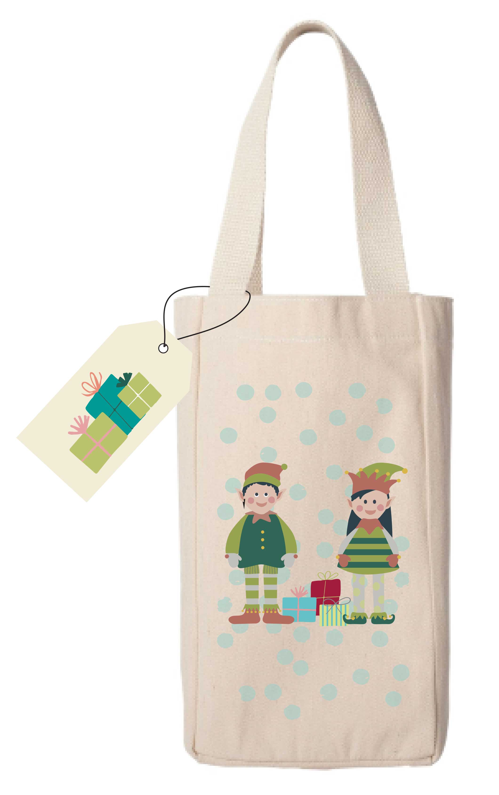 Potluck Press - Elf Duo with Gifts Wine Bag