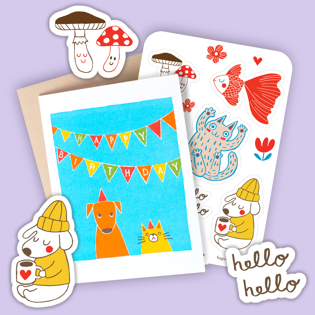 Egg Press Manufacturing - Card & Sticker Sheet Set - Cat & Dog Bday