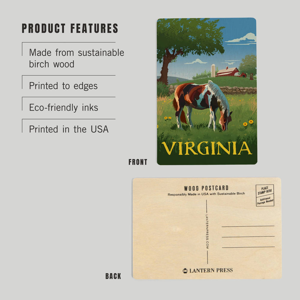 Lantern Press - WOOD POSTCARD Virginia Horse in Field