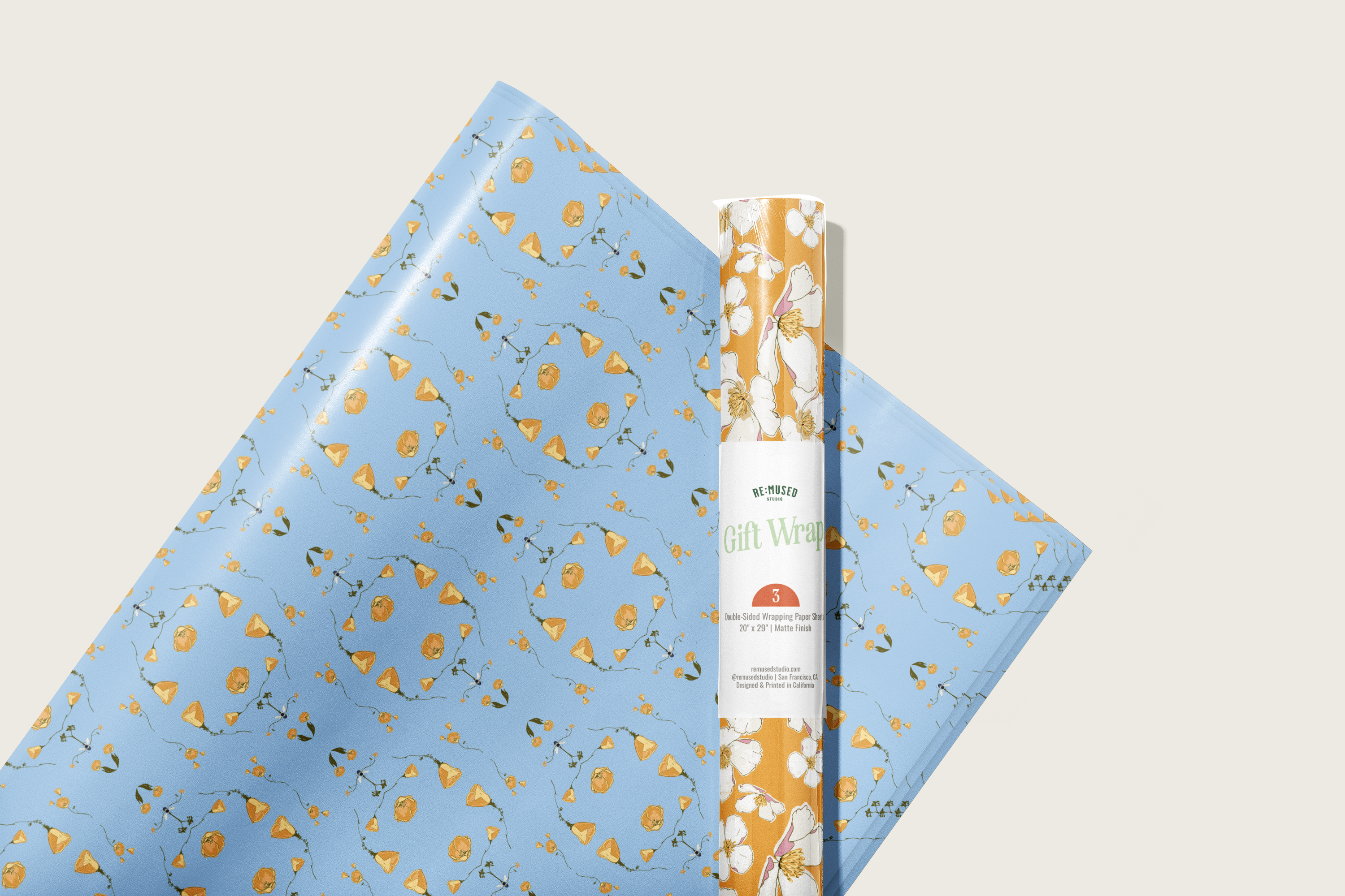 re:mused studio - California Poppy Gift Wrap Sheet – Double Sided: Single Sheets