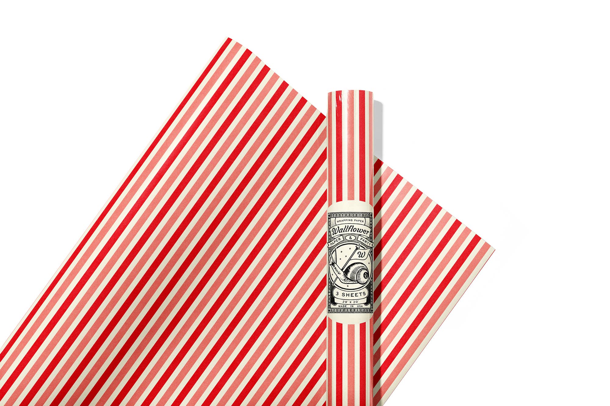Wallflower Paper & Party - Red & Pink Stripe Wrapping Paper Roll (3 Sheets)