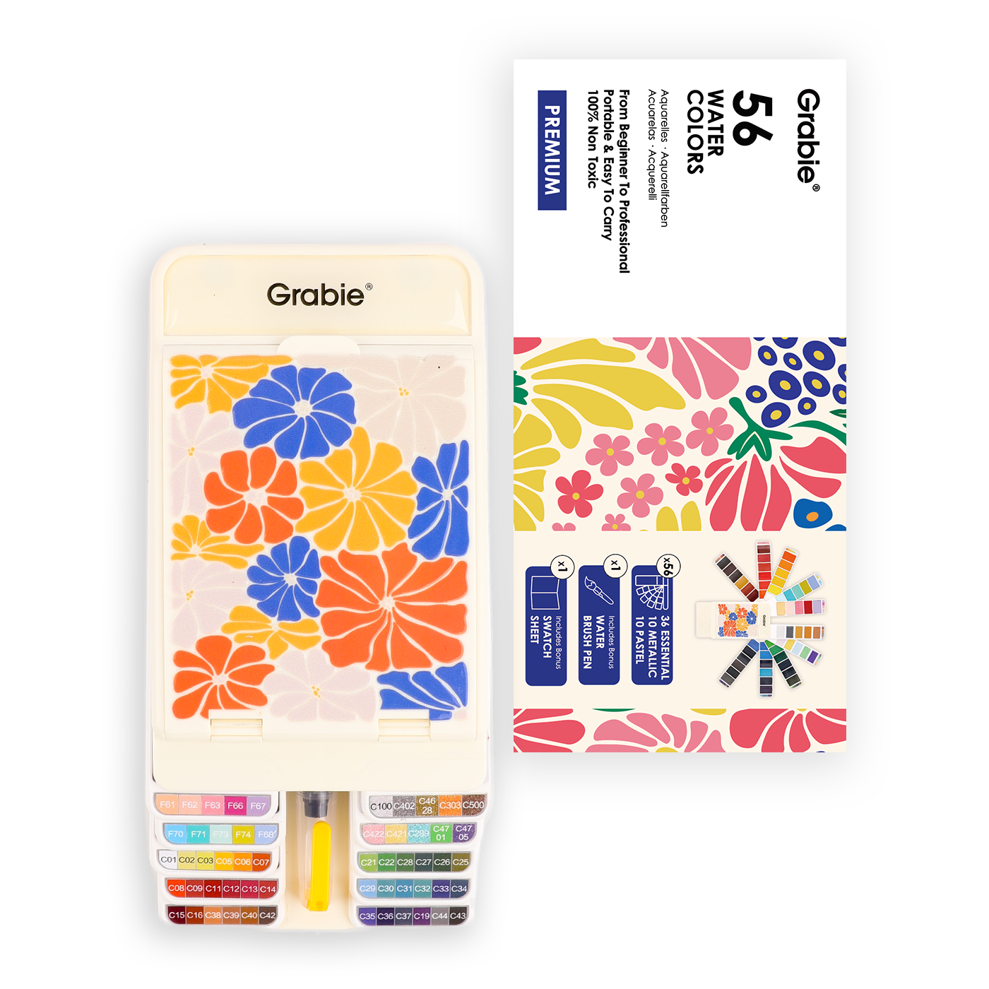 Grabie - Foldable Watercolor Set Of 56 With Water Brush Pen