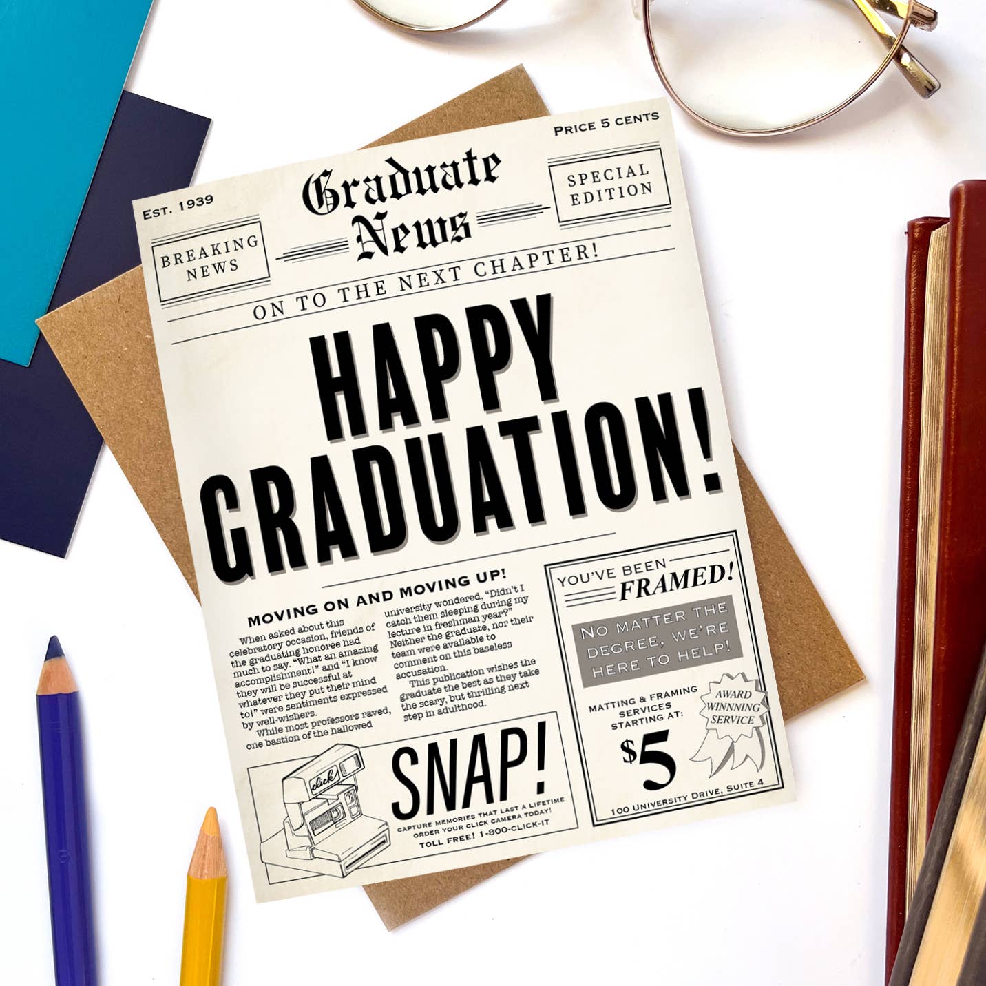 Morgan Swank Studio - Vintage Newspaper Punny Graduation Card