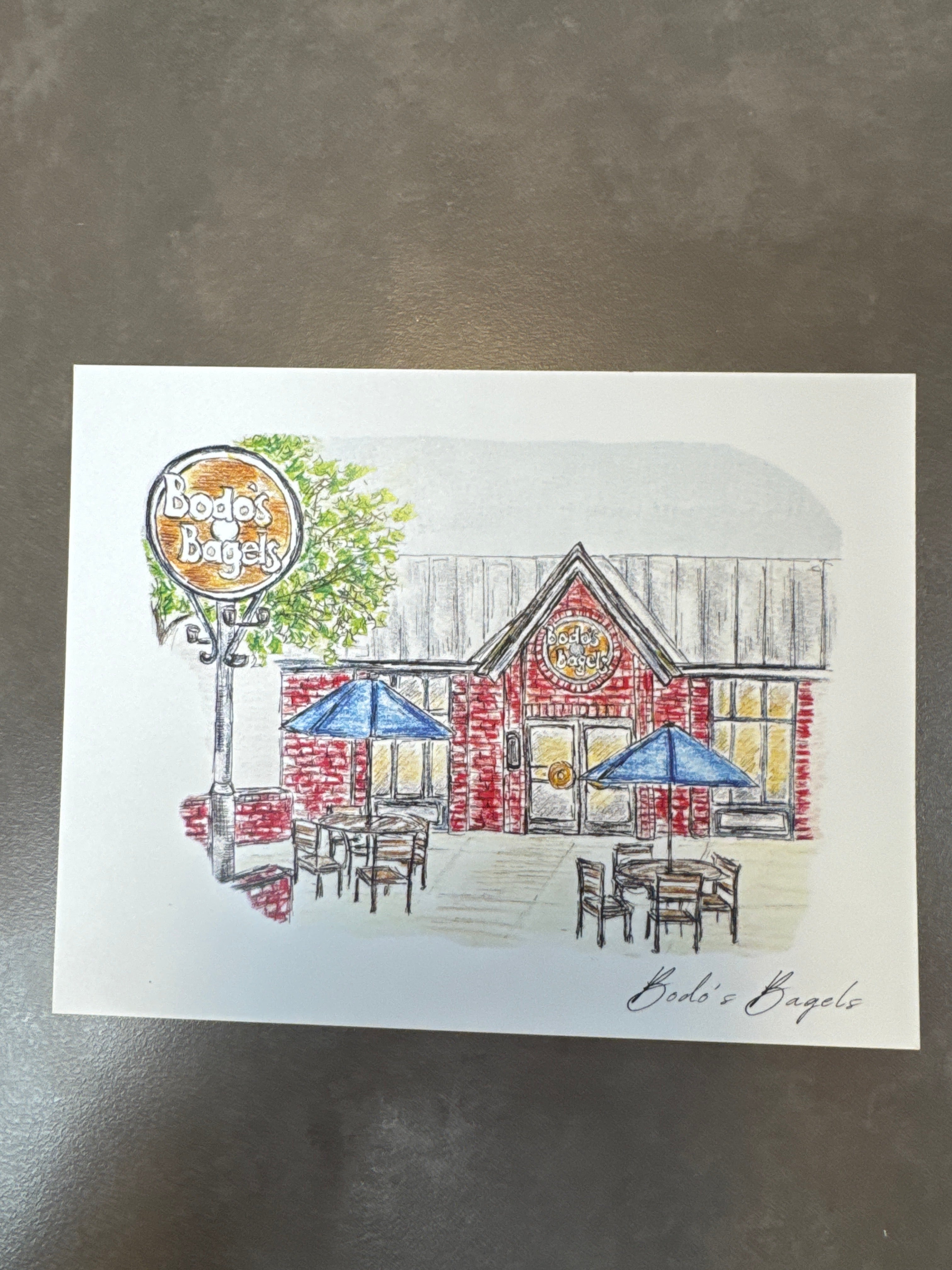 Cabell Crowder Art, Postcard, Bodo's Bagels