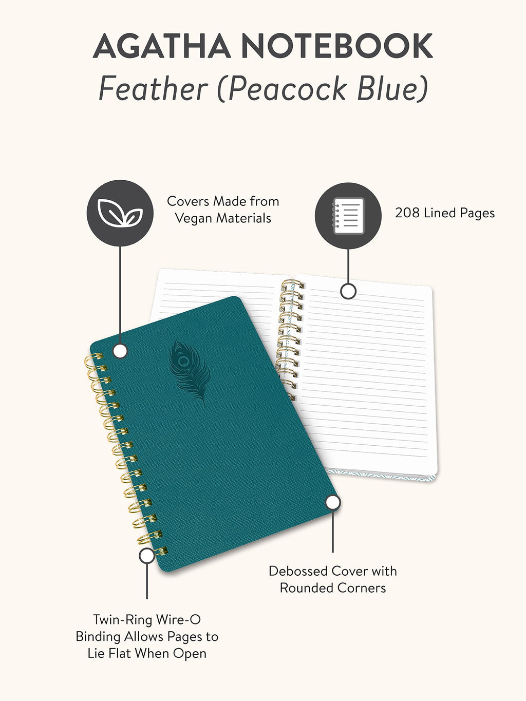 Studio Oh!, Feather (Peacock Blue) Agatha Notebook