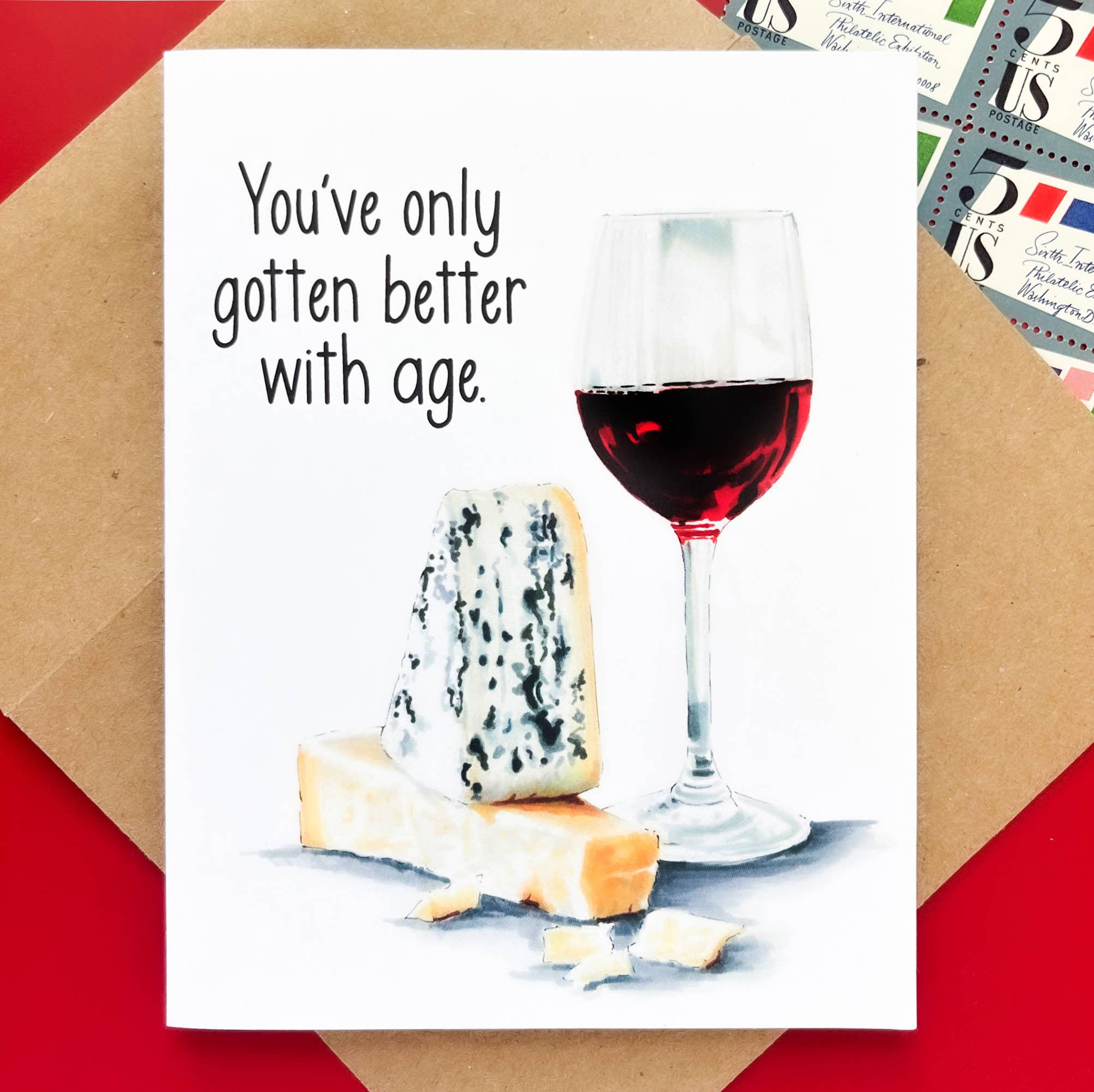 Morgan Swank Studio - Wine and Cheese Age Positive Birthday Card