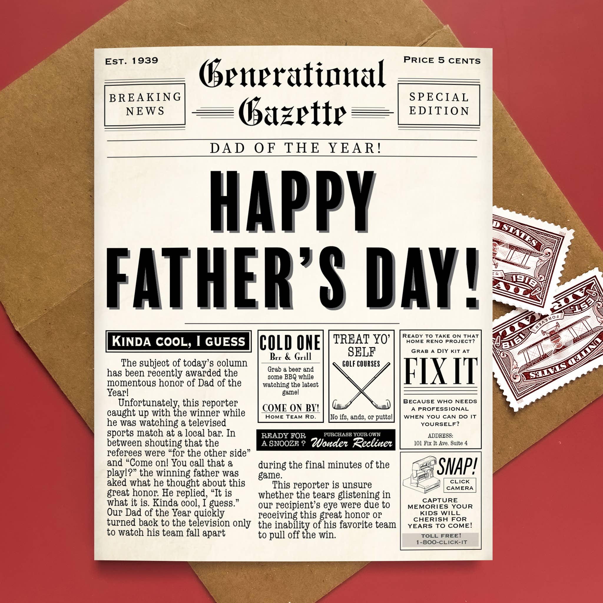 Morgan Swank Studio - Vintage Newspaper Punny Father's Day Card