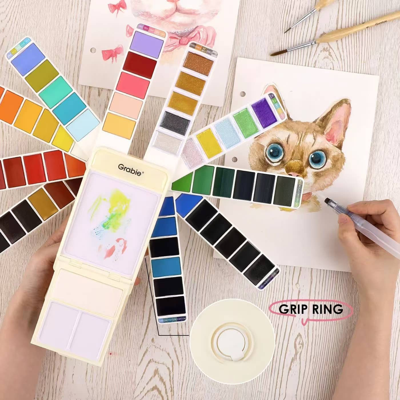Grabie - Foldable Watercolor Set Of 56 With Water Brush Pen