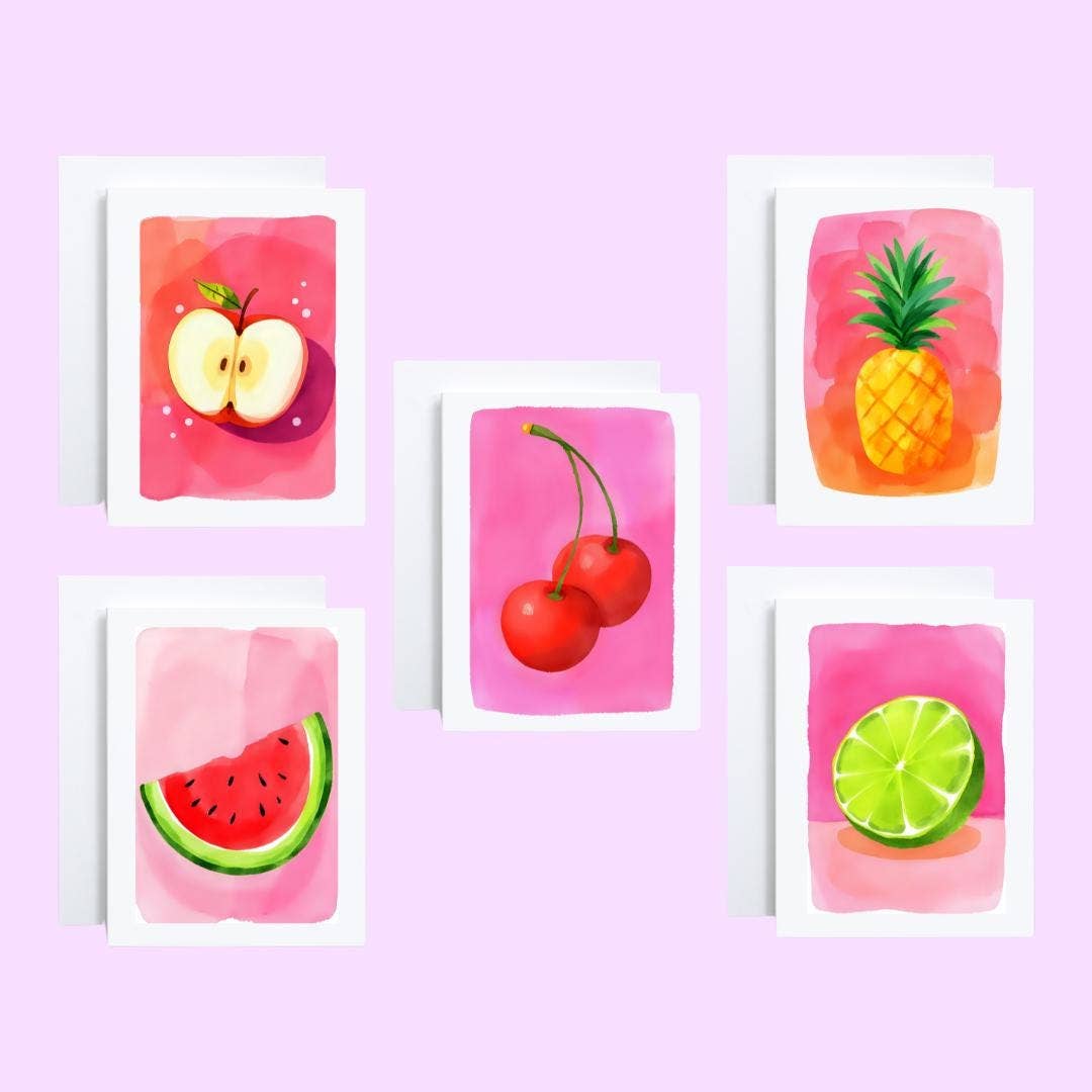 Cryptic Paper Co. - Set Of 5 Neon Fruit Note Cards For Any Occasion