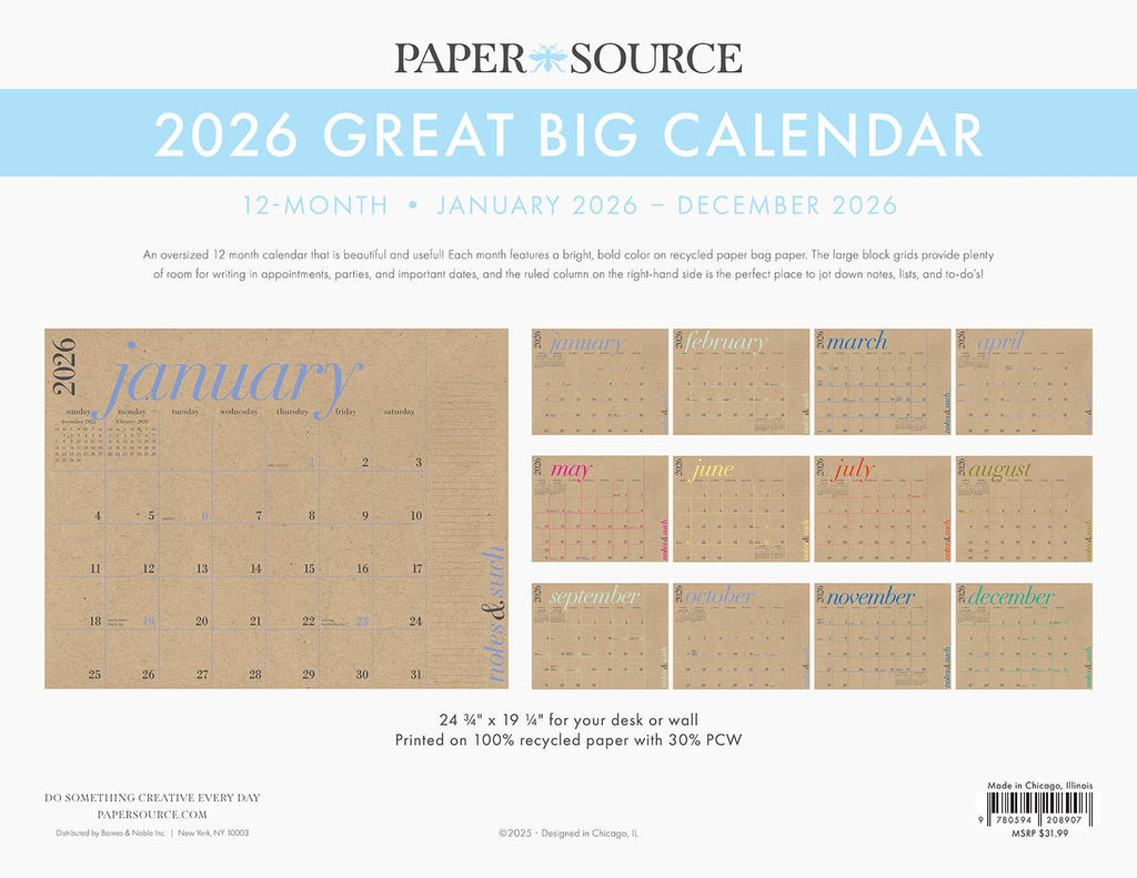 Paper Source Wholesale - 2026 Great Big 12 Month Calendar