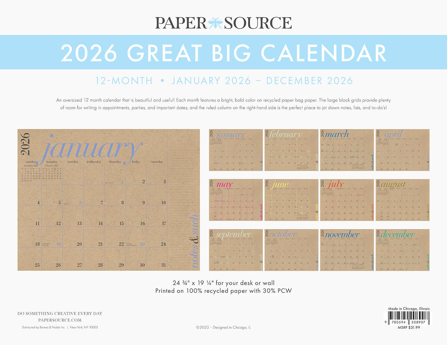 Paper Source Wholesale - 2026 Great Big 12 Month Calendar