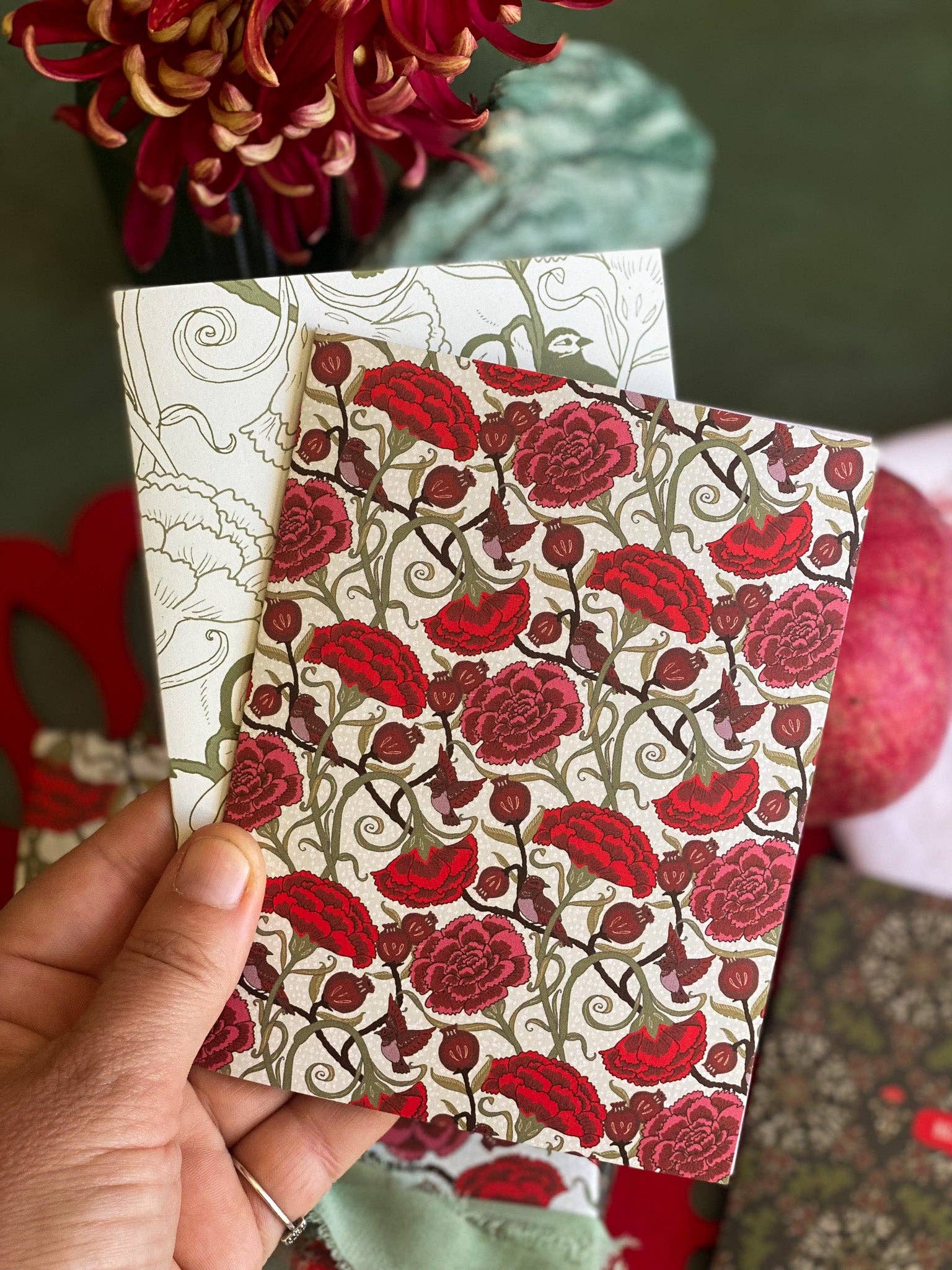 re:mused studio - Carnation Pomegranate (red) A2 Greeting Card: