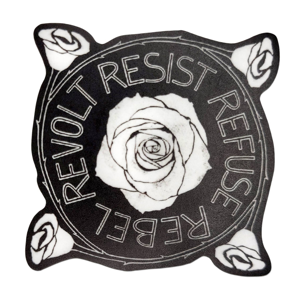 beve! - White Rose Resist Revolt Refuse Rebel Sticker, 2.5"