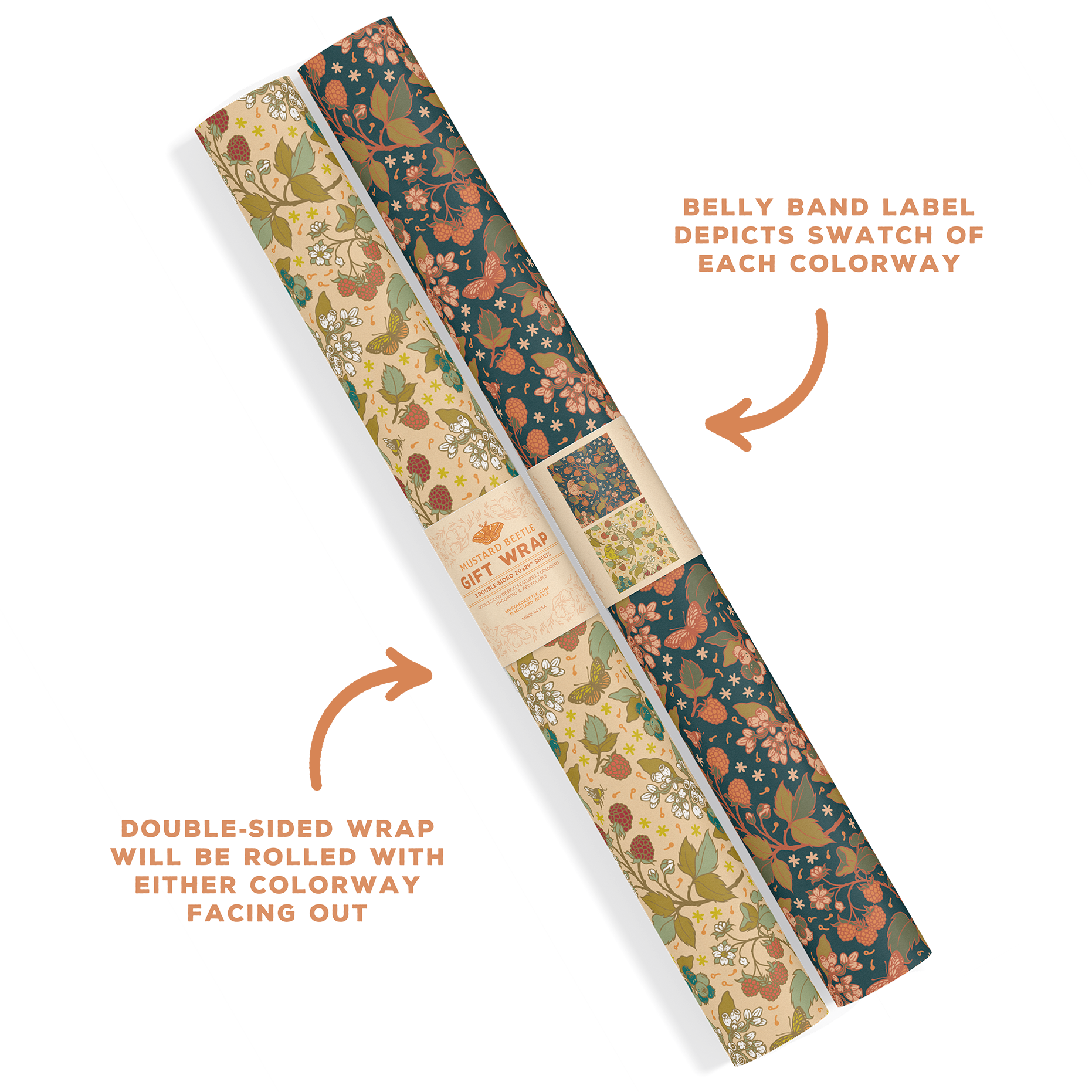 Mustard Beetle - Recyclable Gift Wrap / Wrapping Paper: Berries: Flat/Not Rolled