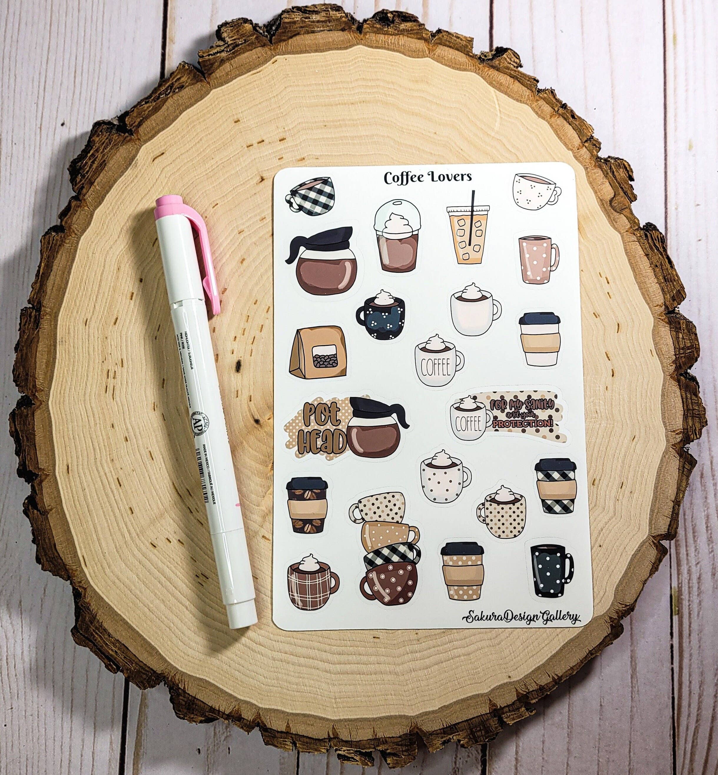 Sakura Design Gallery - Coffee Lovers Sticker Sheet, Coffee Cup Stickers