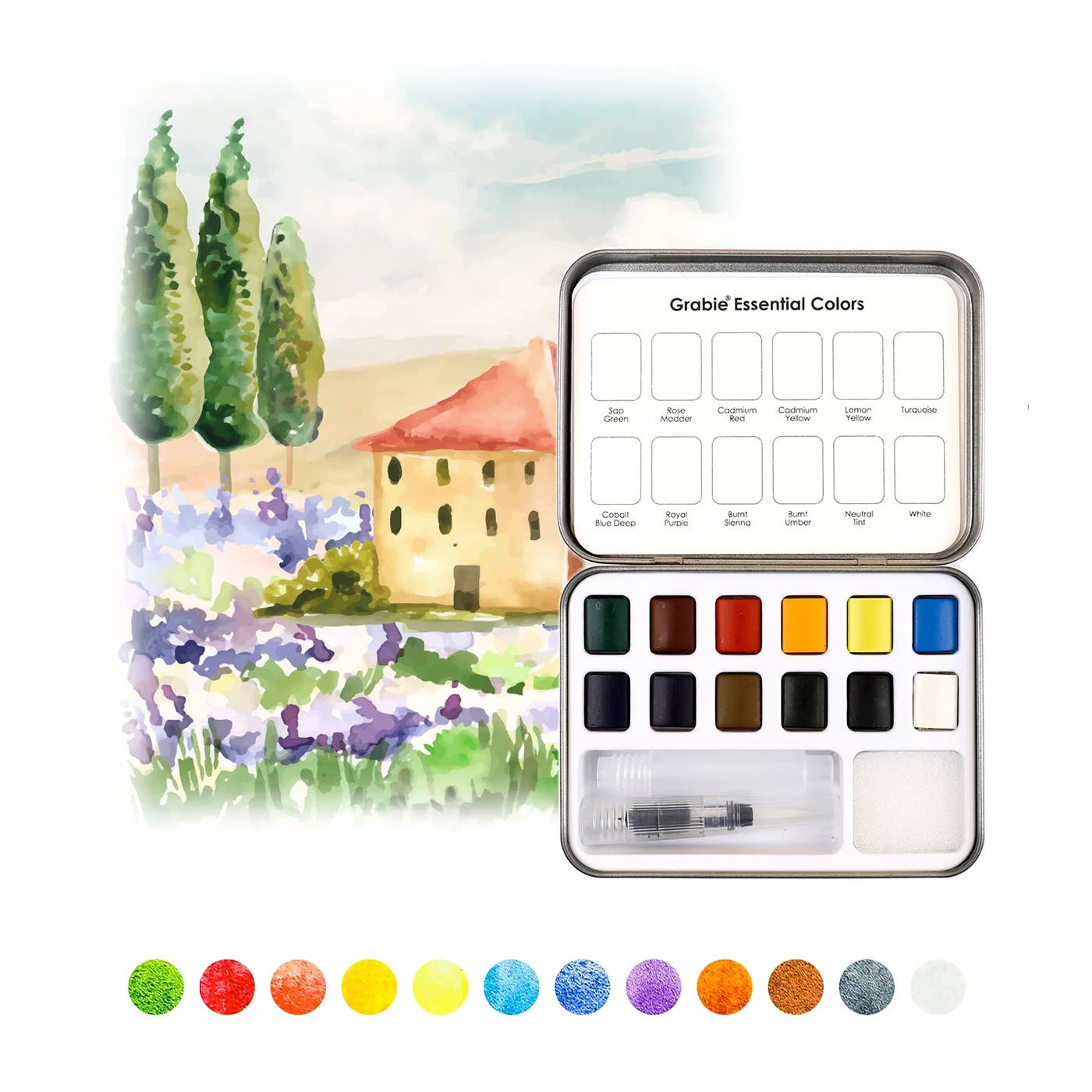 Grabie - Watercolor Pocket Set Of 12 With Brush - Essential Colors