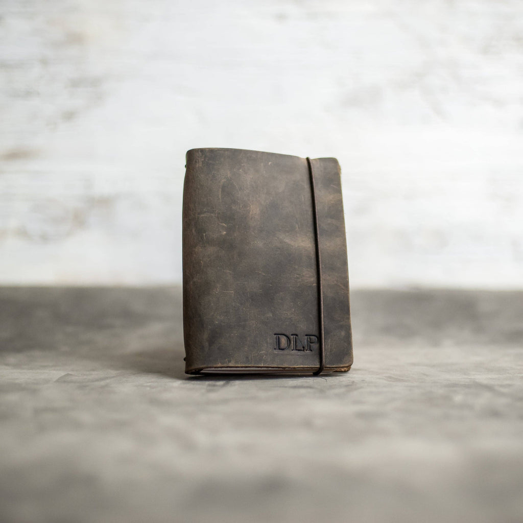 Ox & Pine - Refillable Leather Pocket Journal with Elastic Closure: Black / Lined Paper