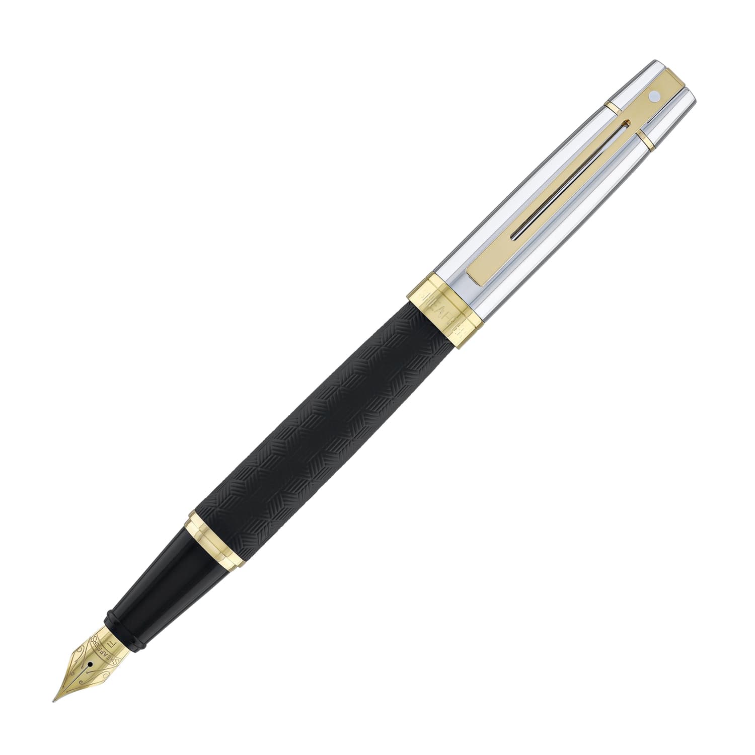 Sheaffer 300 Fountain Pen in Matte Black Shiny Chrome Cap with PVD Gold Trim, Medium